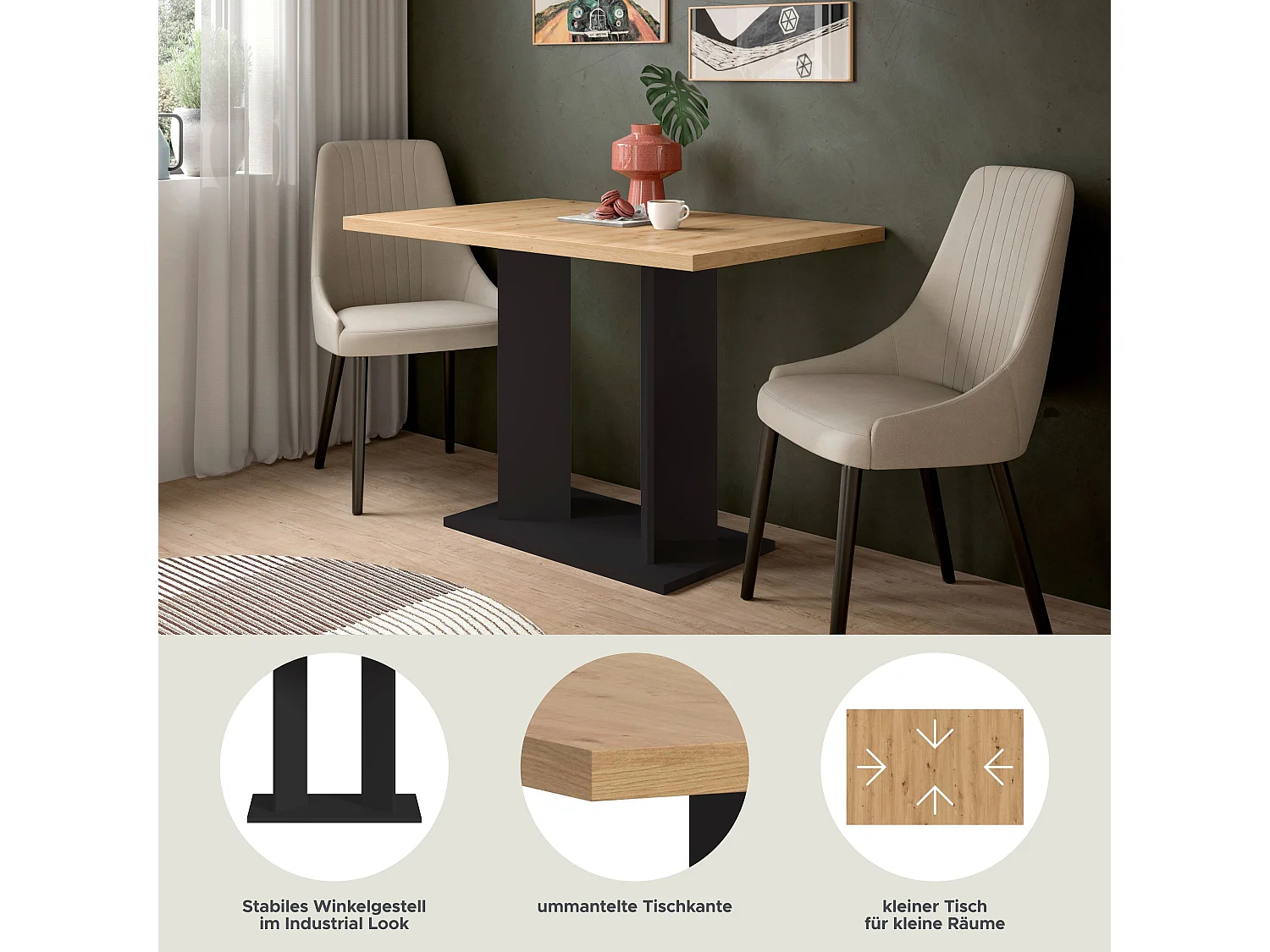 Table de salle à manger GUSTAV   (lxhxp : env. 110x76x70 cm)avec plateau aspect chêne/ pied en U noir