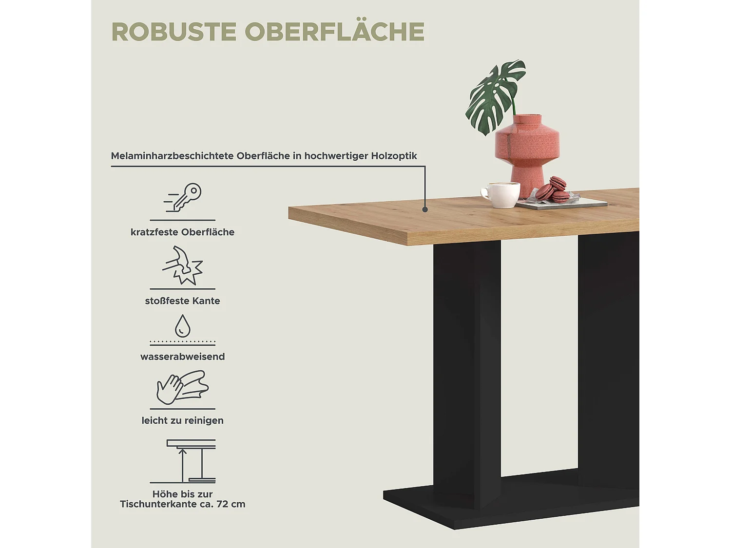 Table de salle à manger GUSTAV   (lxhxp : env. 110x76x70 cm)avec plateau aspect chêne/ pied en U noir