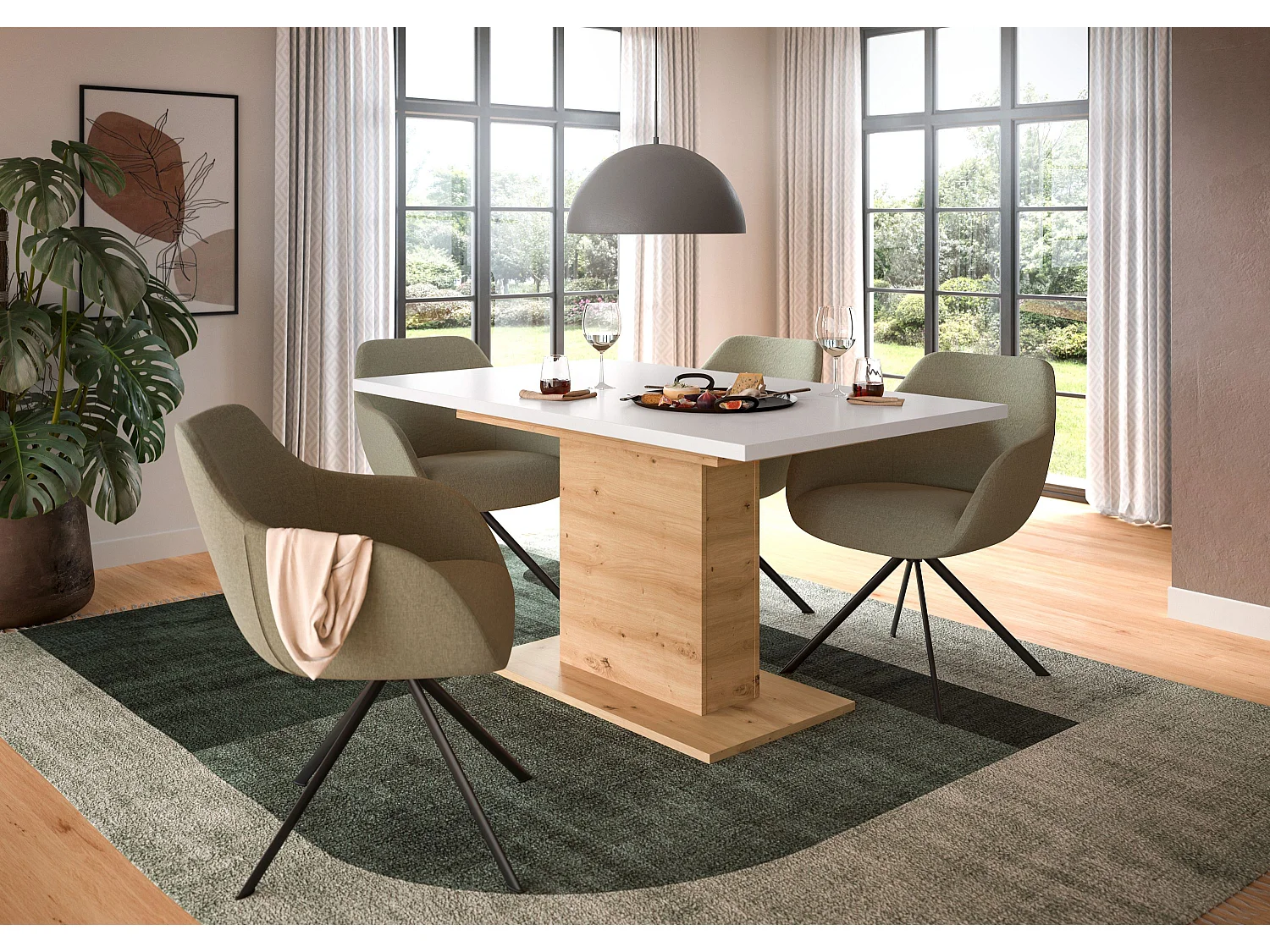 Table de salle à manger MOTION (lxhxp : env. 150x76x90 cm)  avec plateau  blanc /pied central chêne artisan