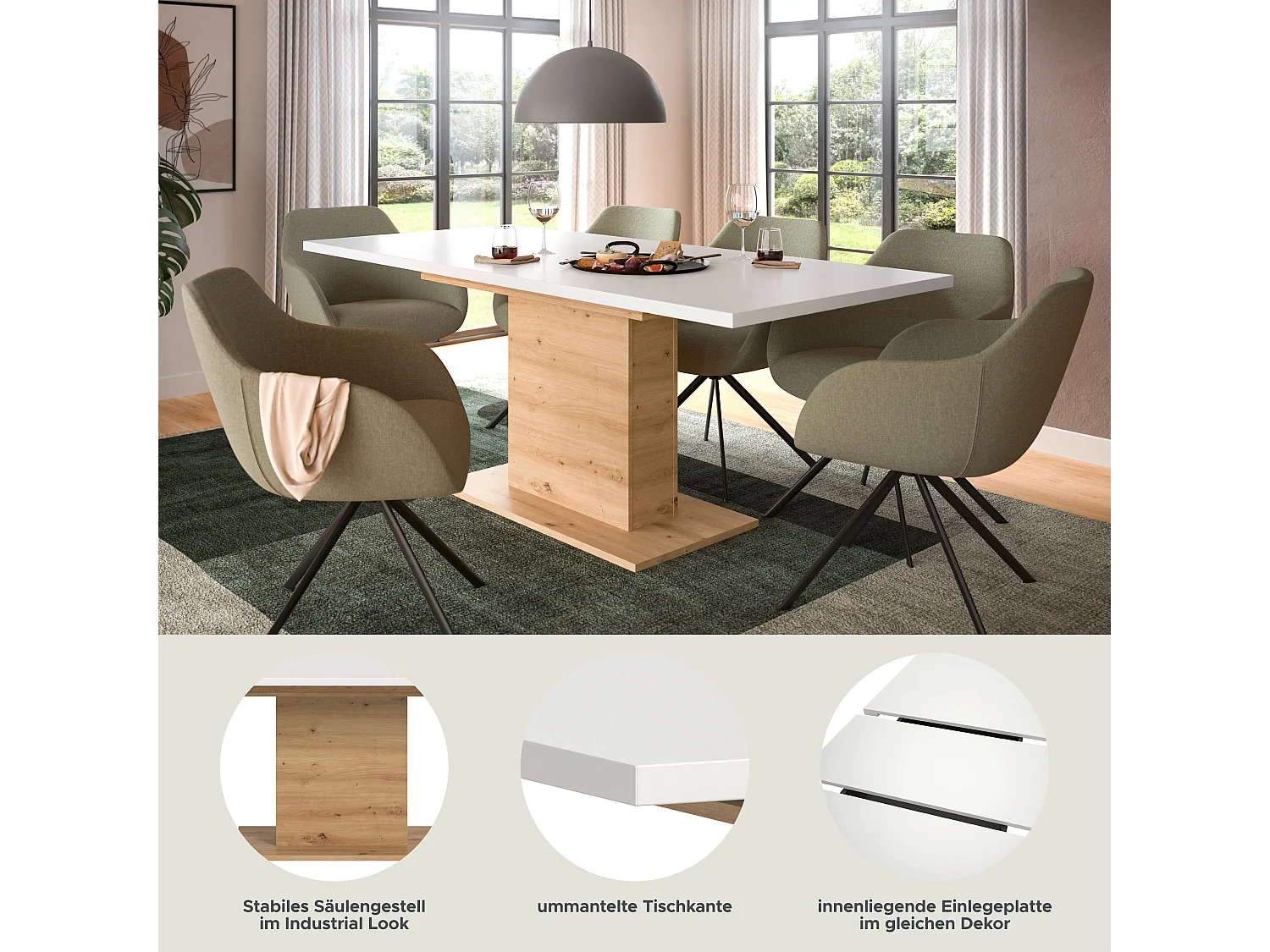 Table de salle à manger MOTION (lxhxp : env. 150x76x90 cm)  avec plateau  blanc /pied central chêne artisan