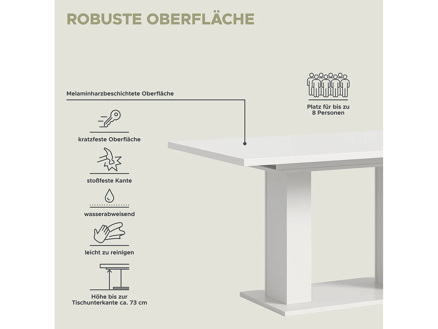 Table de salle à manger MOTION (lxhxp : env. 150x76x90 cm) avec plateau/ pied en U blanc