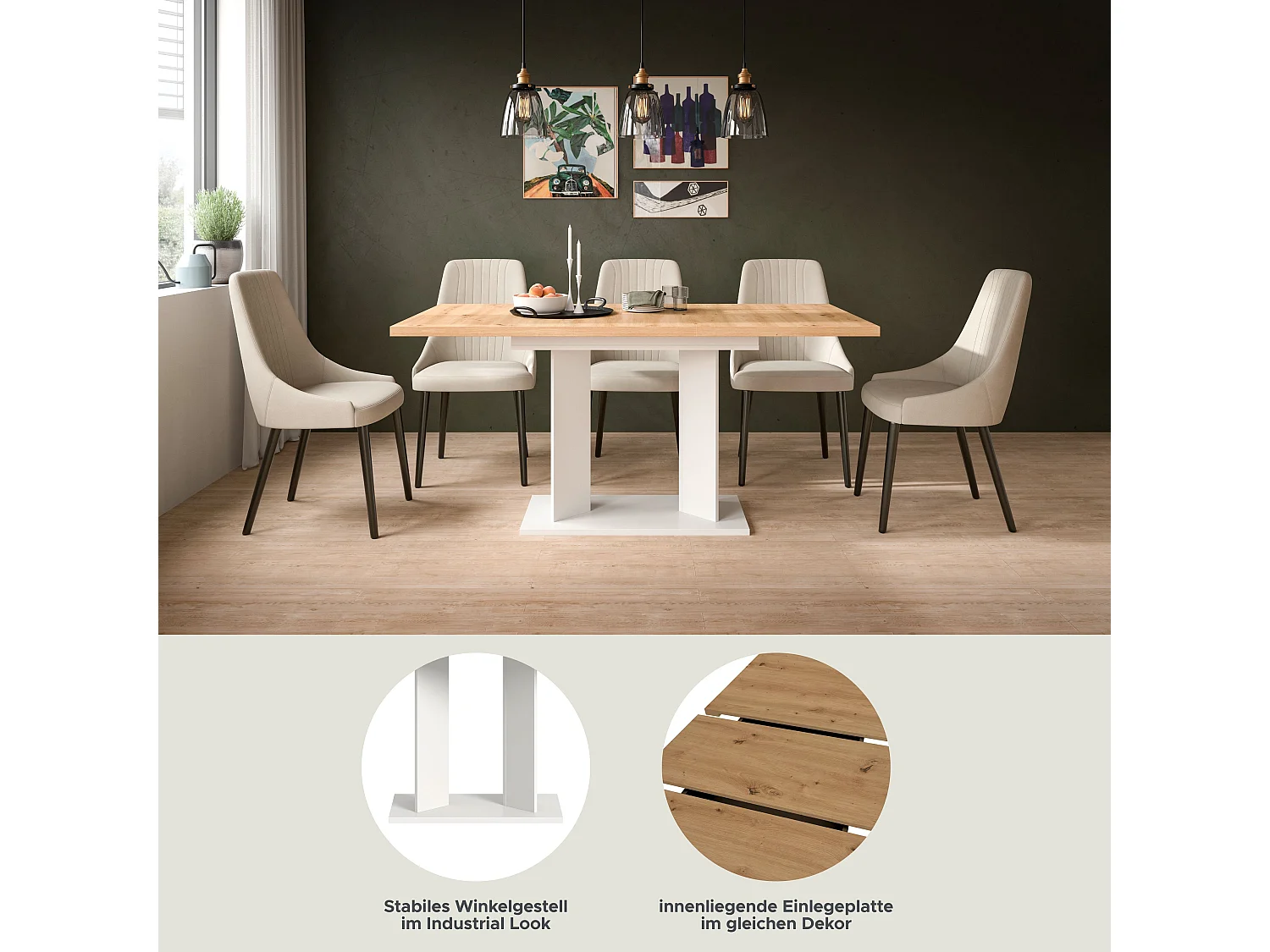 Table de salle à manger GUSTAV (lxhxp : env. 160x76x80 cm) avec plateau chêne  artisan/ pied en U blanc