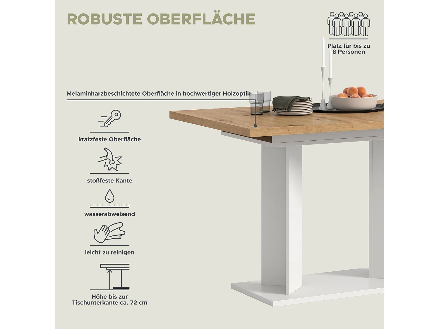Table de salle à manger GUSTAV (lxhxp : env. 160x76x80 cm) avec plateau chêne  artisan/ pied en U blanc