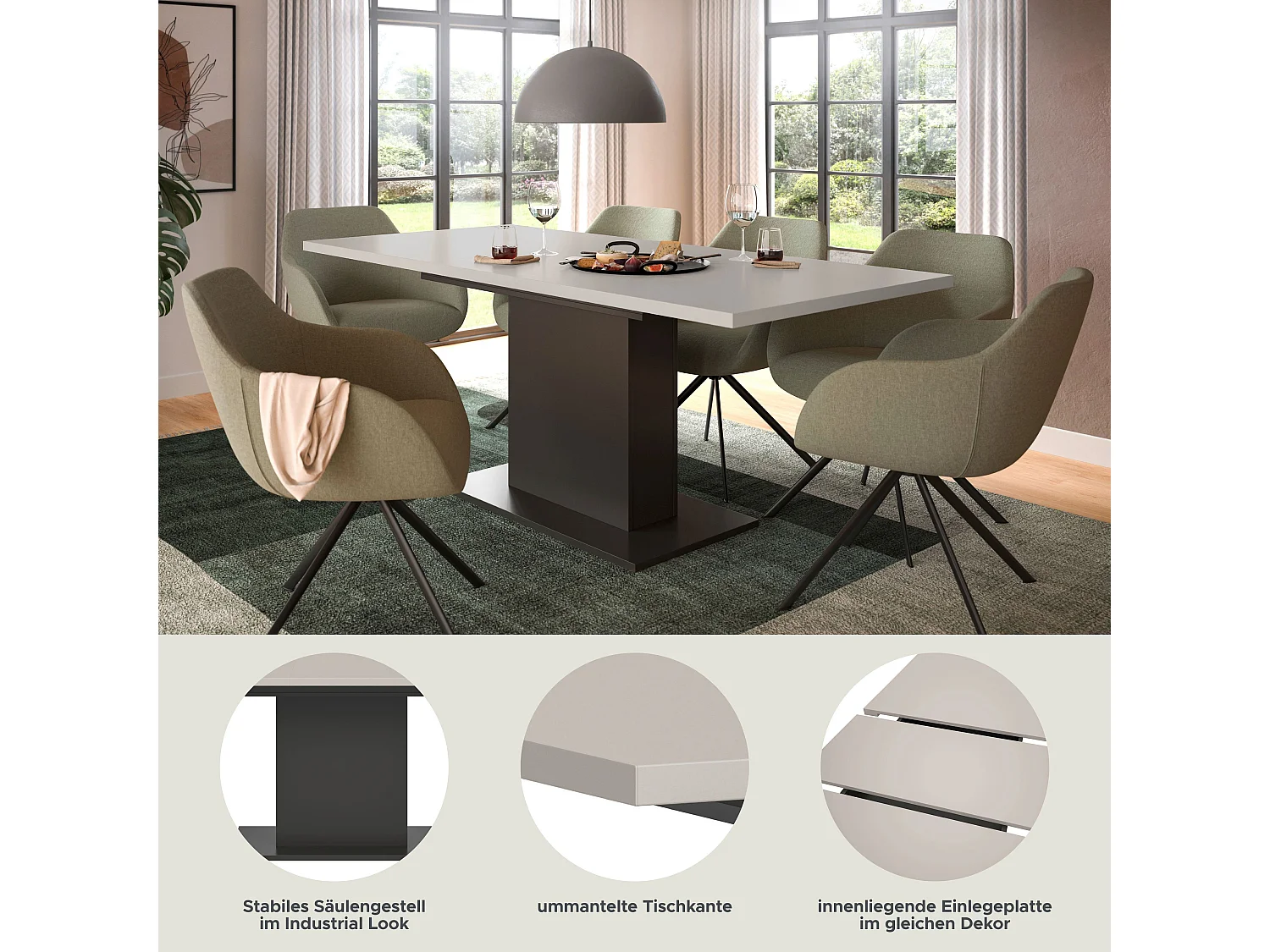 Table de salle à manger MOTION  (lxhxp : env. 150x76x90 cm)avec plateau cachemire/ pied central gris