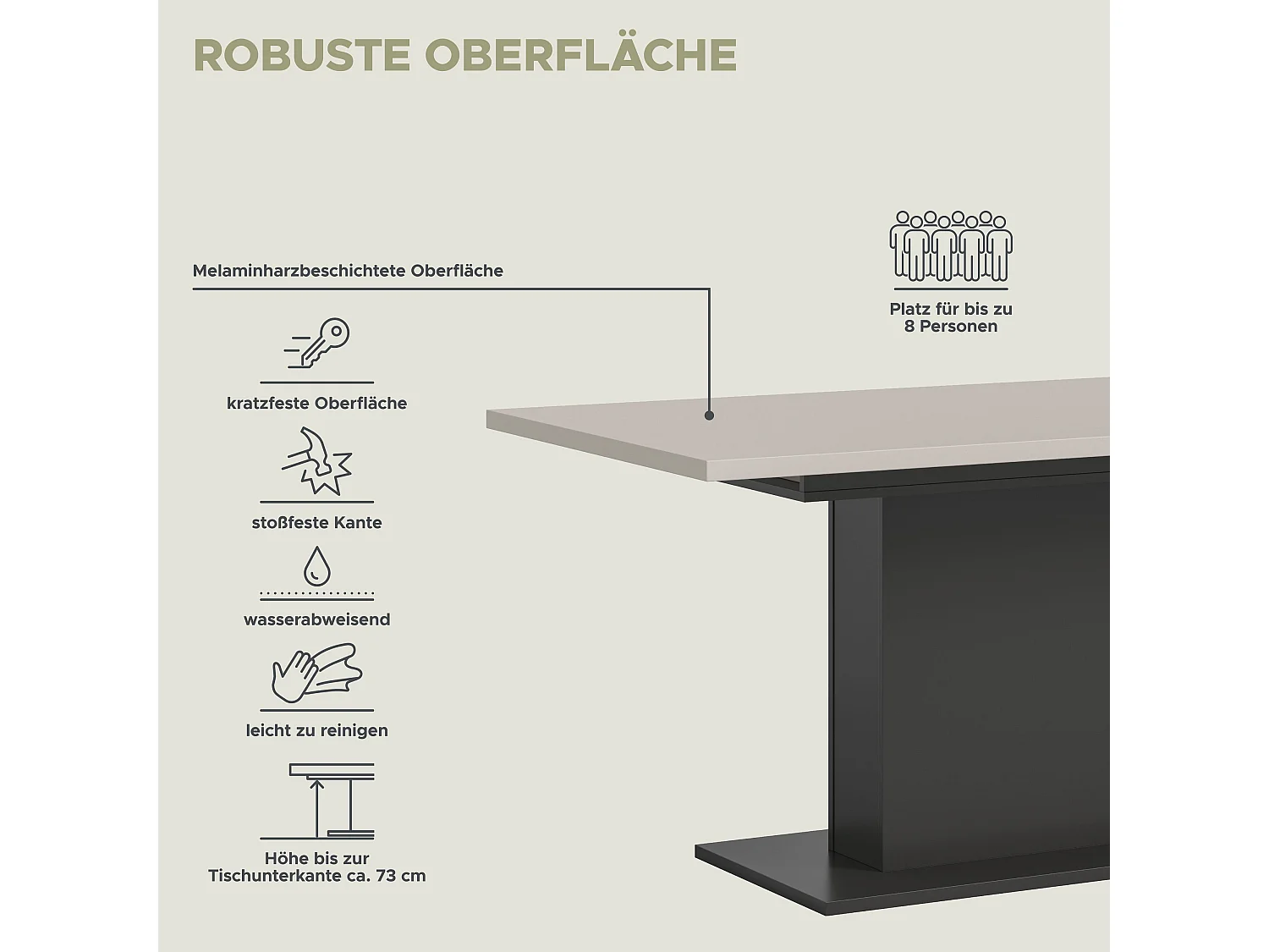Table de salle à manger MOTION  (lxhxp : env. 150x76x90 cm)avec plateau cachemire/ pied central gris