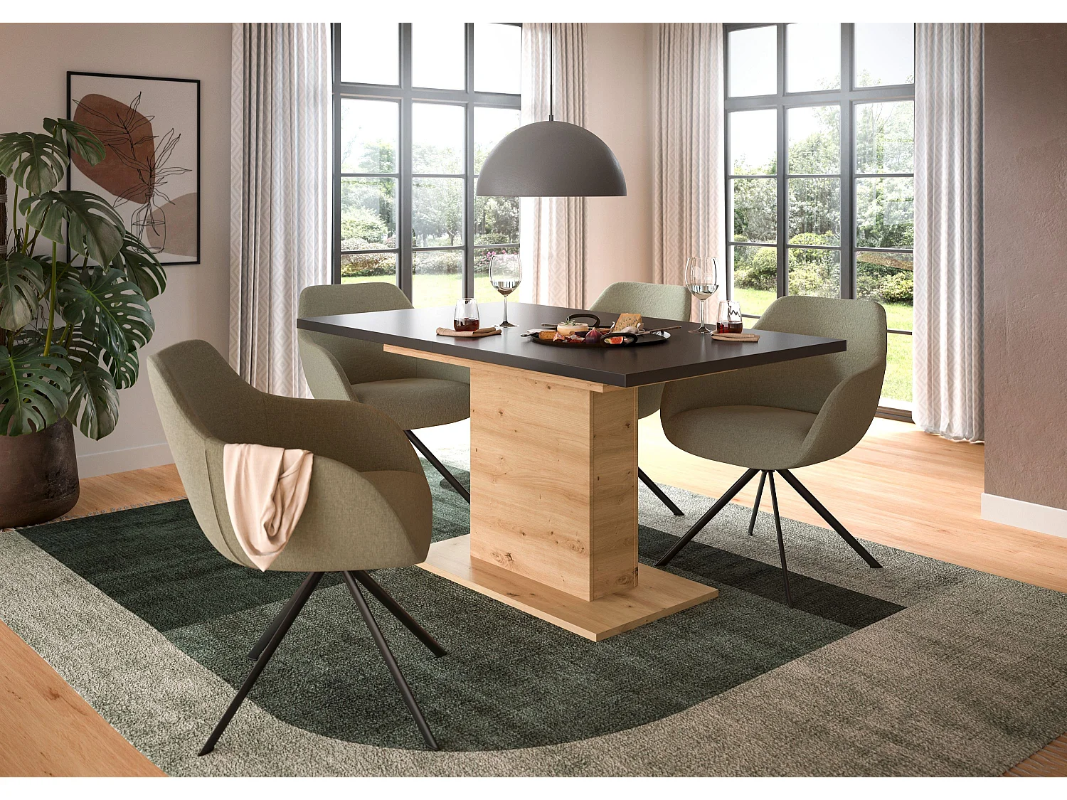 Table de salle à manger MOTION (lxhxp : env. 150x76x90 cm) avec plateau gris/ pied central  aspect chêne
