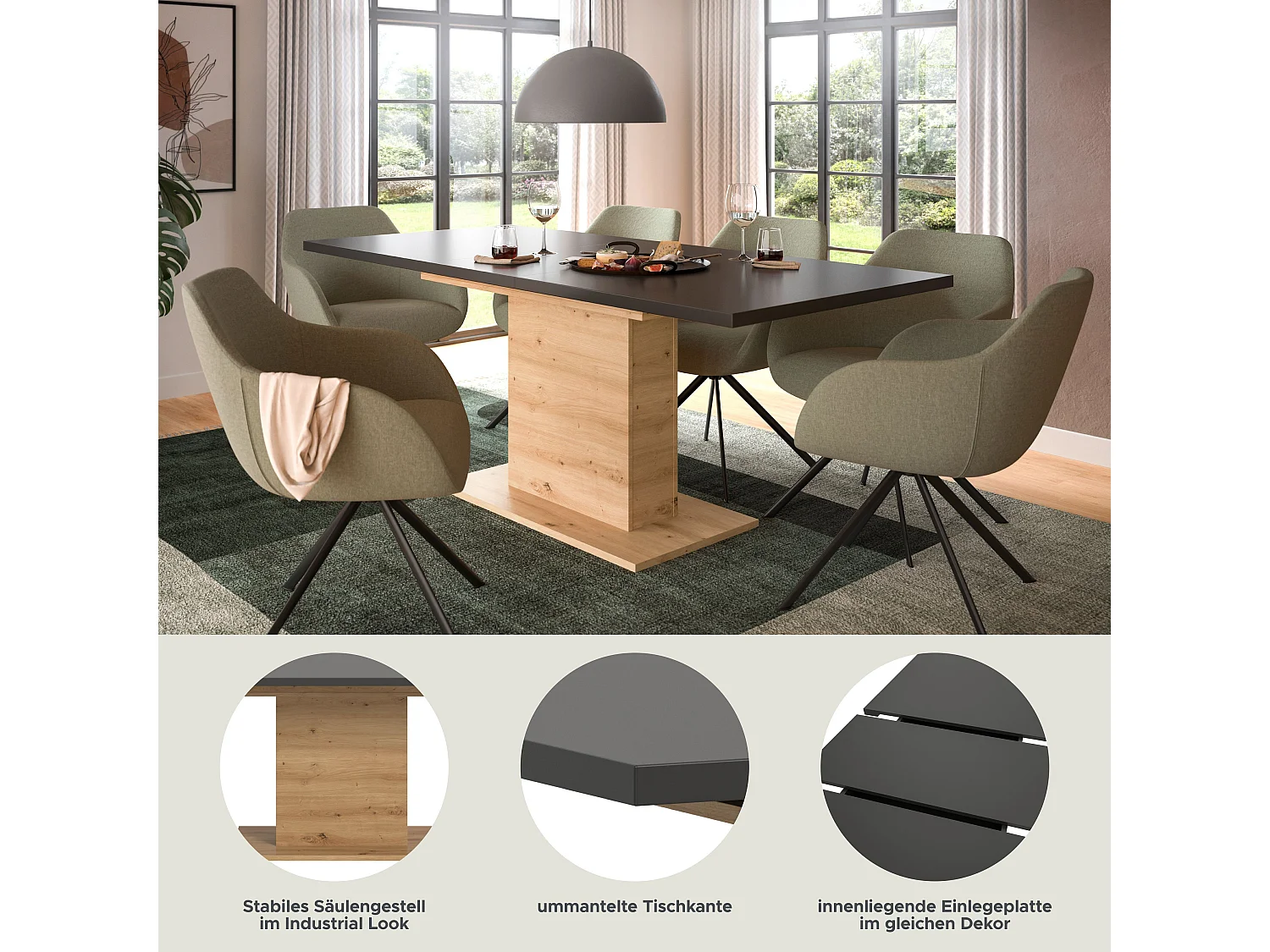 Table de salle à manger MOTION (lxhxp : env. 150x76x90 cm) avec plateau gris/ pied central  aspect chêne