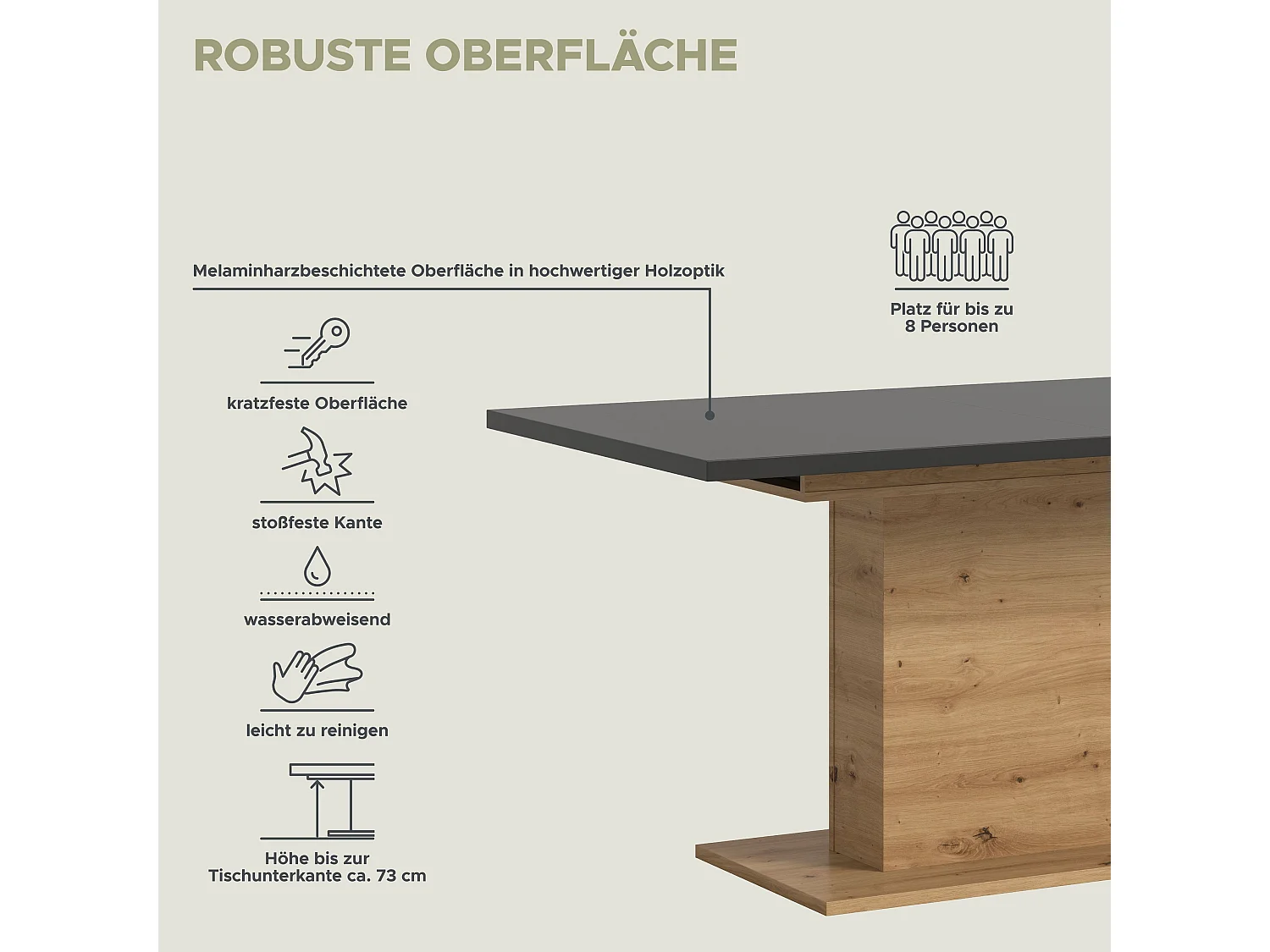 Table de salle à manger MOTION (lxhxp : env. 150x76x90 cm) avec plateau gris/ pied central  aspect chêne