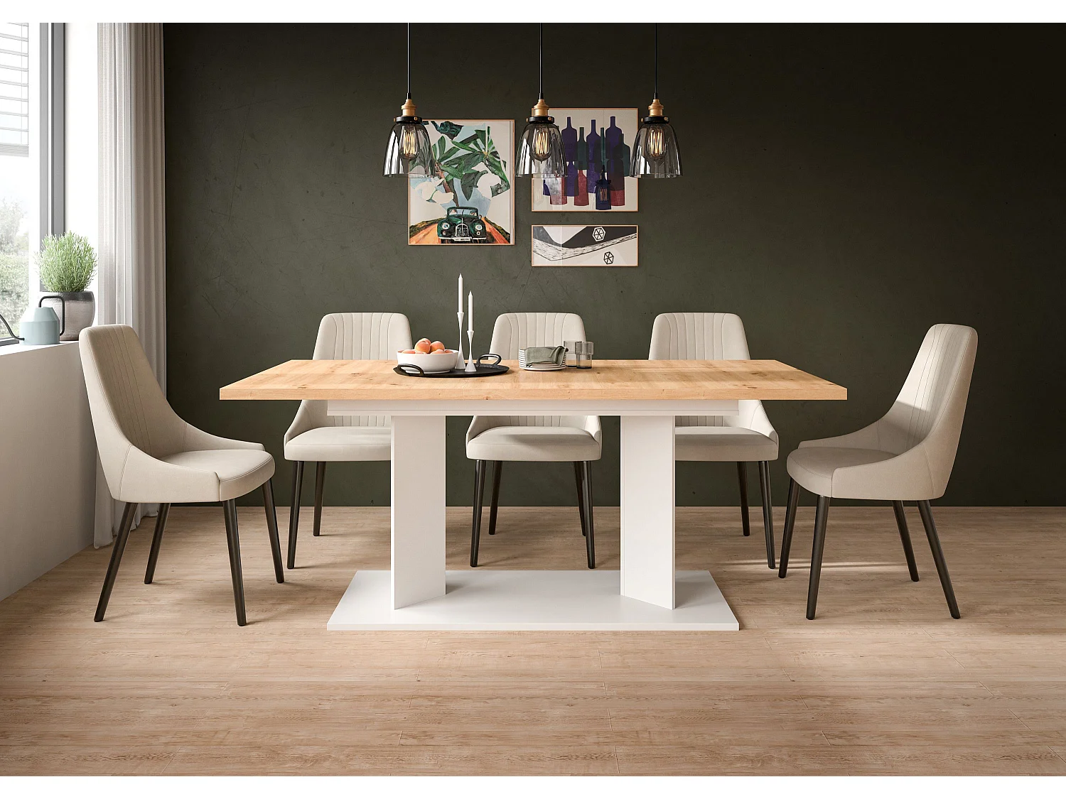 Table de salle à manger GUSTAV (lxhxp : env. 220x76x100 cm) avec plateau chêne  artisan/ pied en U blanc