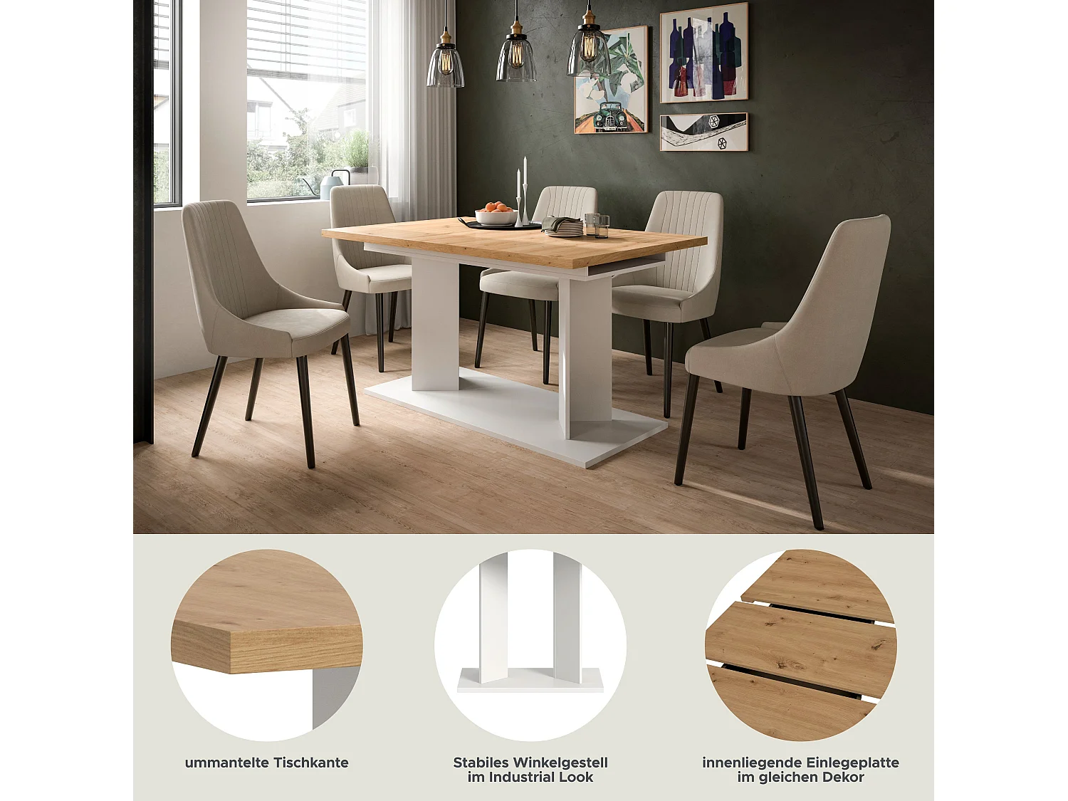 Table de salle à manger GUSTAV (lxhxp : env. 220x76x100 cm) avec plateau chêne  artisan/ pied en U blanc