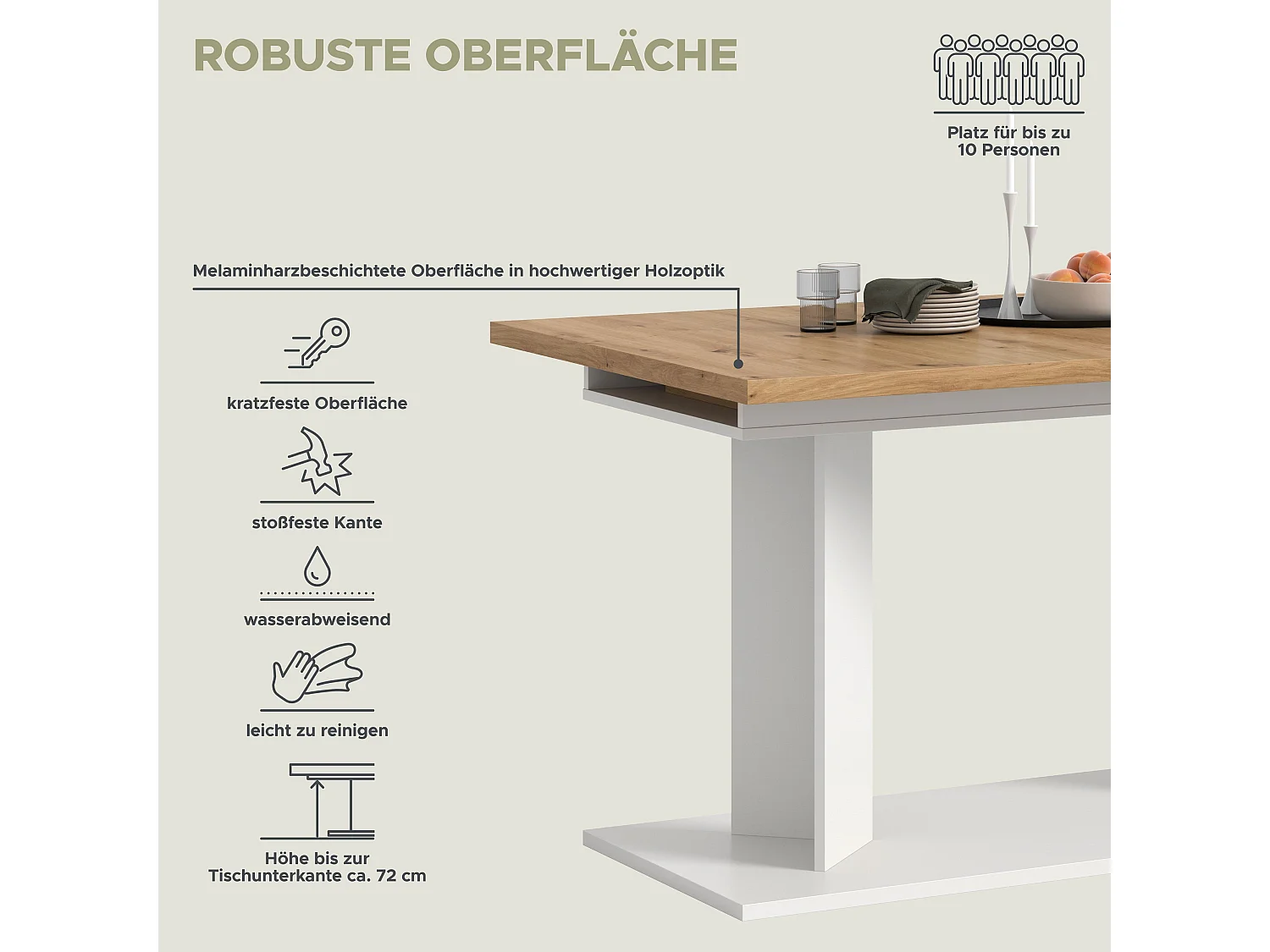 Table de salle à manger GUSTAV (lxhxp : env. 220x76x100 cm) avec plateau chêne  artisan/ pied en U blanc