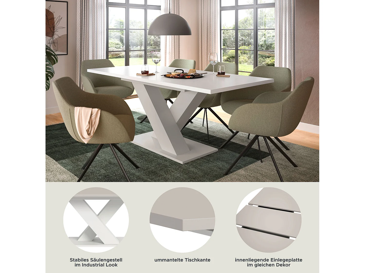 Table de salle à manger MOTION (lxhxp : env. 150x76x90 cm)avec plateau cachemire/pied en X blanc