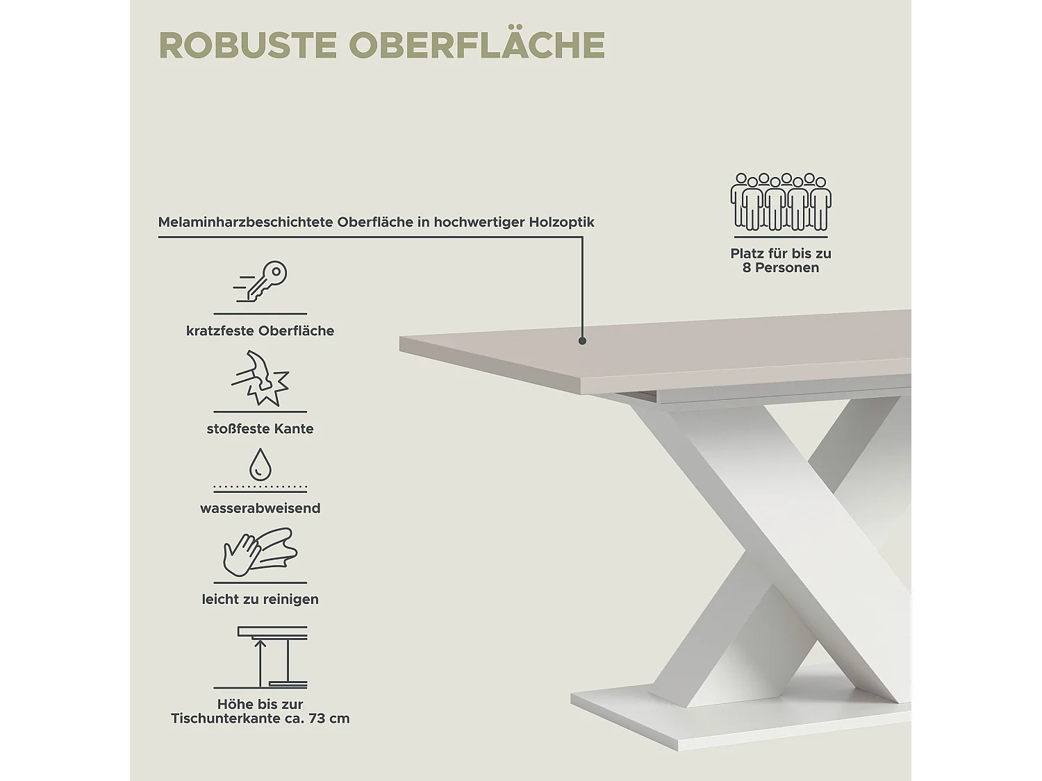 Table de salle à manger MOTION (lxhxp : env. 150x76x90 cm)avec plateau cachemire/pied en X blanc