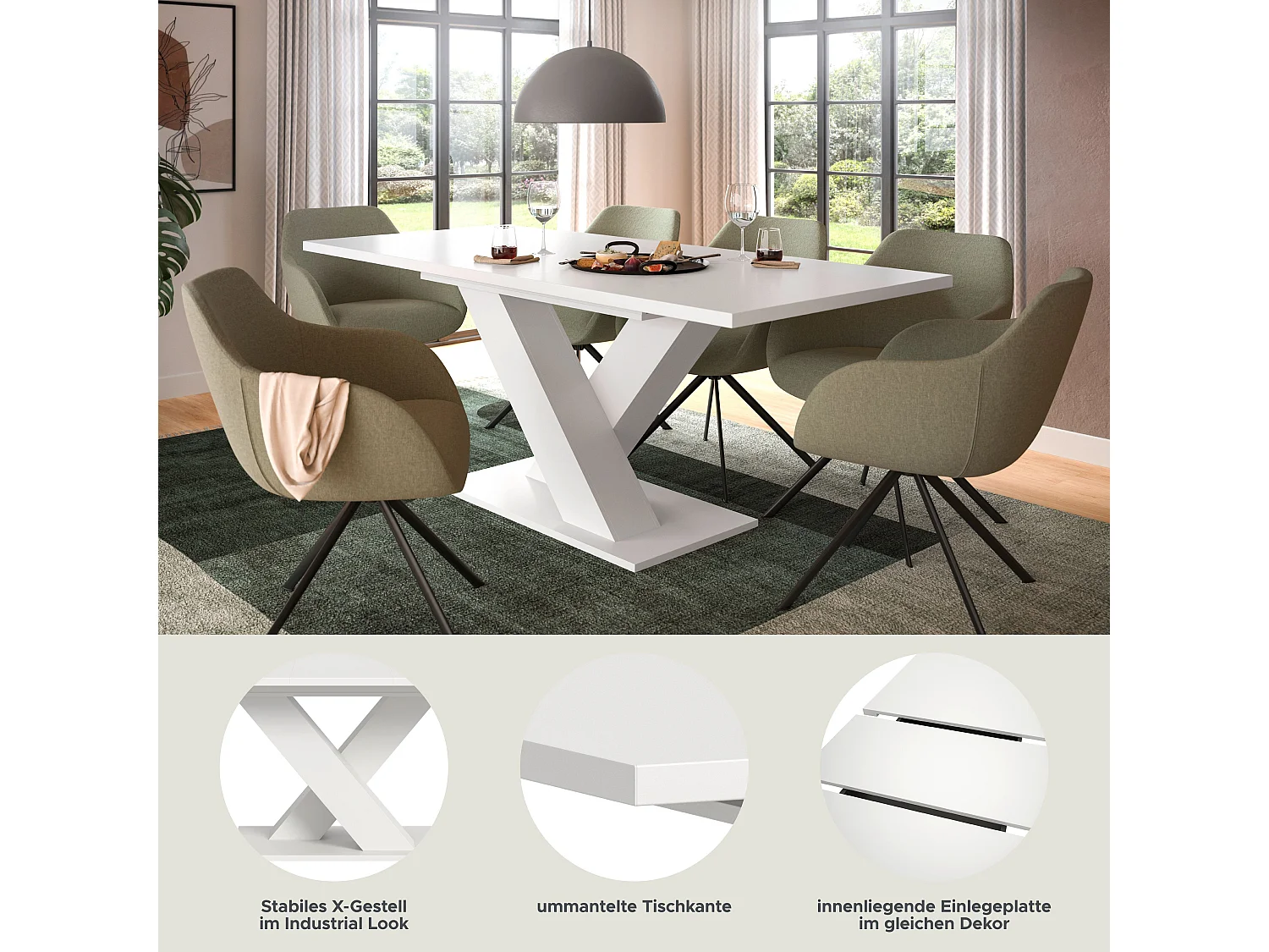 Table de salle à manger MOTION   (lxhxp : env. 150x76x90 cm) avec plateau /pied en X blanc