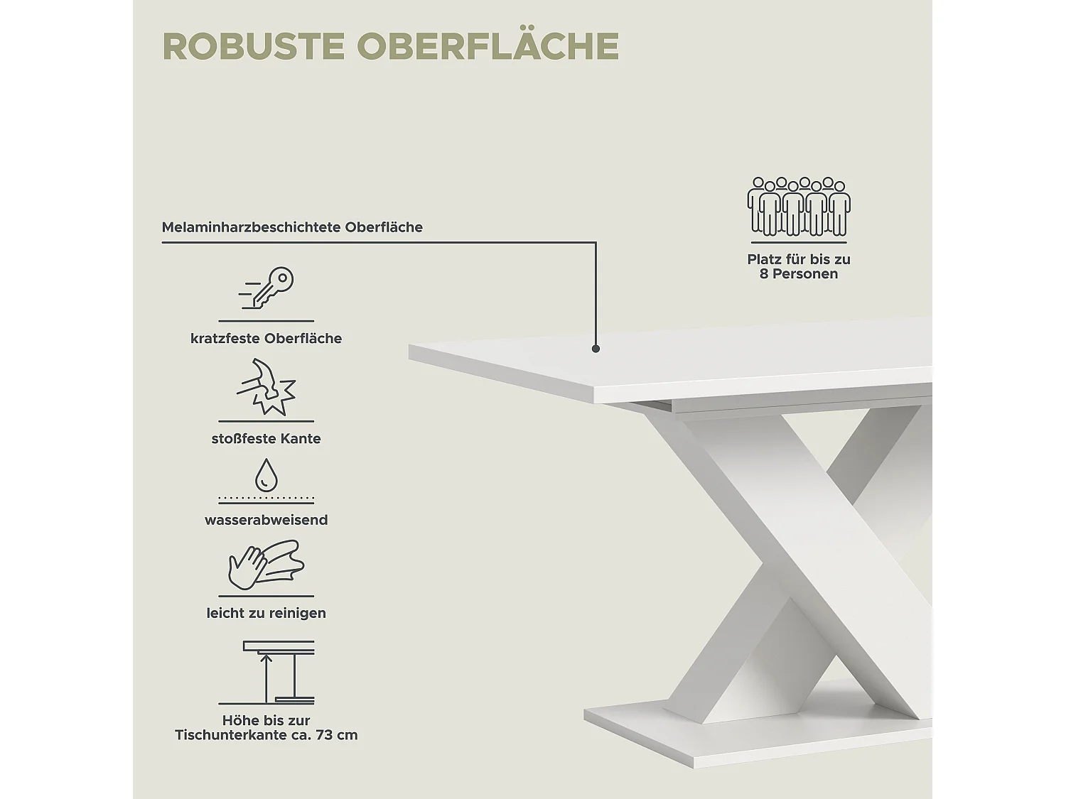 Table de salle à manger MOTION   (lxhxp : env. 150x76x90 cm) avec plateau /pied en X blanc