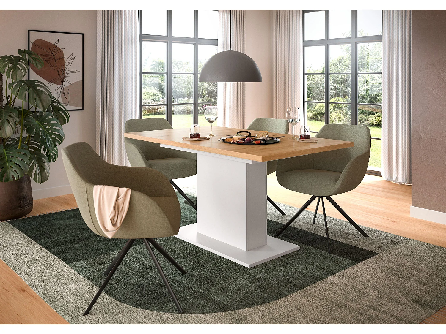 Table de salle à manger MOTION  (lxhxp : env. 150x76x90 cm)avec plateau aspect chêne /pied central blanc