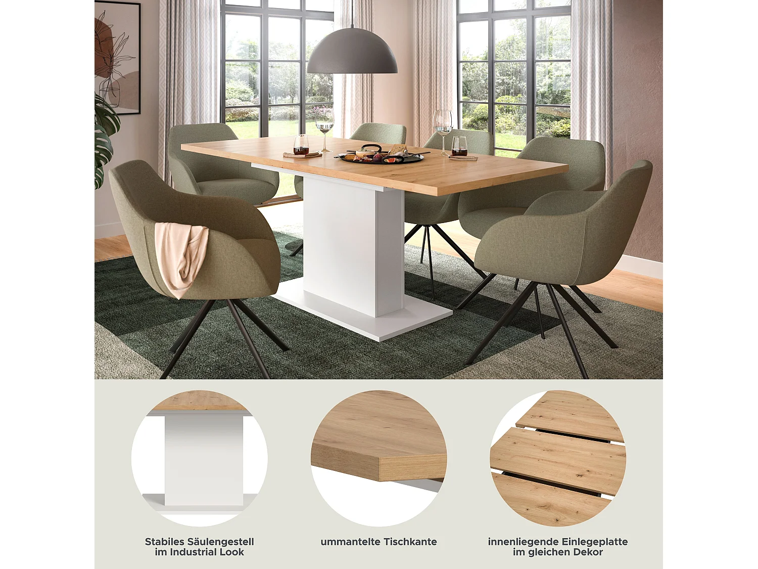 Table de salle à manger MOTION  (lxhxp : env. 150x76x90 cm)avec plateau aspect chêne /pied central blanc