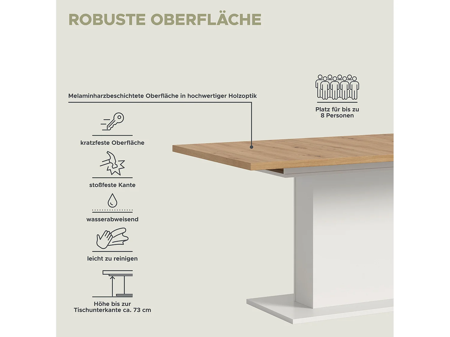 Table de salle à manger MOTION  (lxhxp : env. 150x76x90 cm)avec plateau aspect chêne /pied central blanc