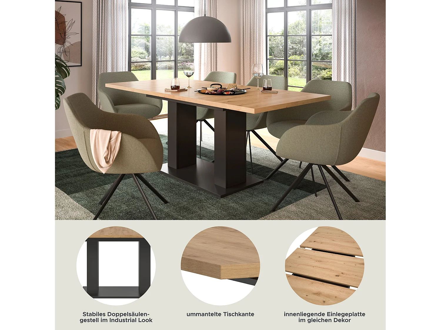 Table de salle à manger MOTION (lxhxp : env. 150x76x90 cm)avec plateau chêne artisan / pied en U gris