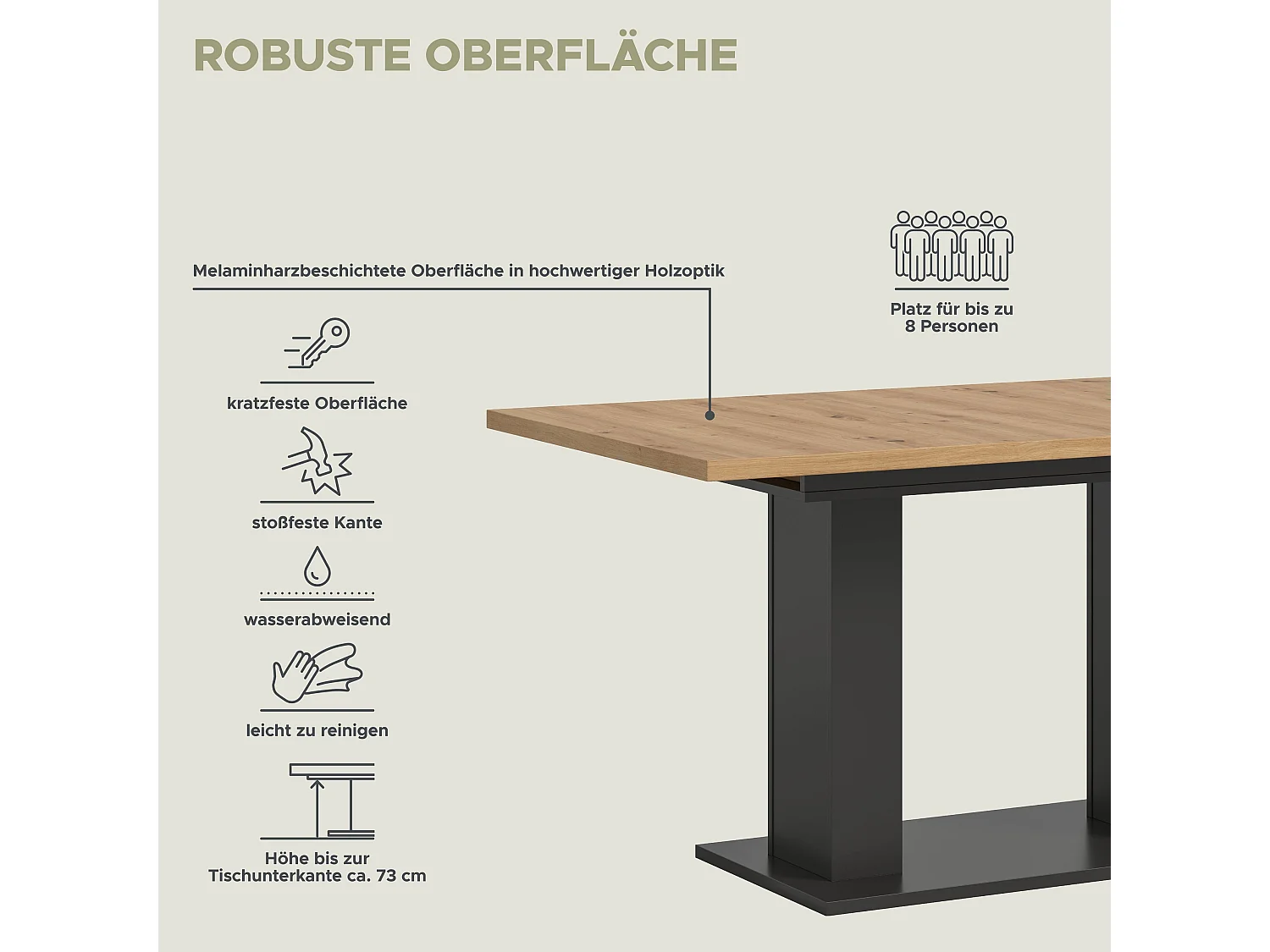Table de salle à manger MOTION (lxhxp : env. 150x76x90 cm)avec plateau chêne artisan / pied en U gris