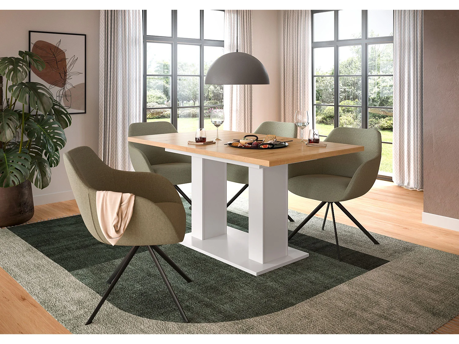 Table de salle à manger MOTION  (lxhxp : env. 150x76x90 cm) avec plateau  aspect chêne / pied en U blanc