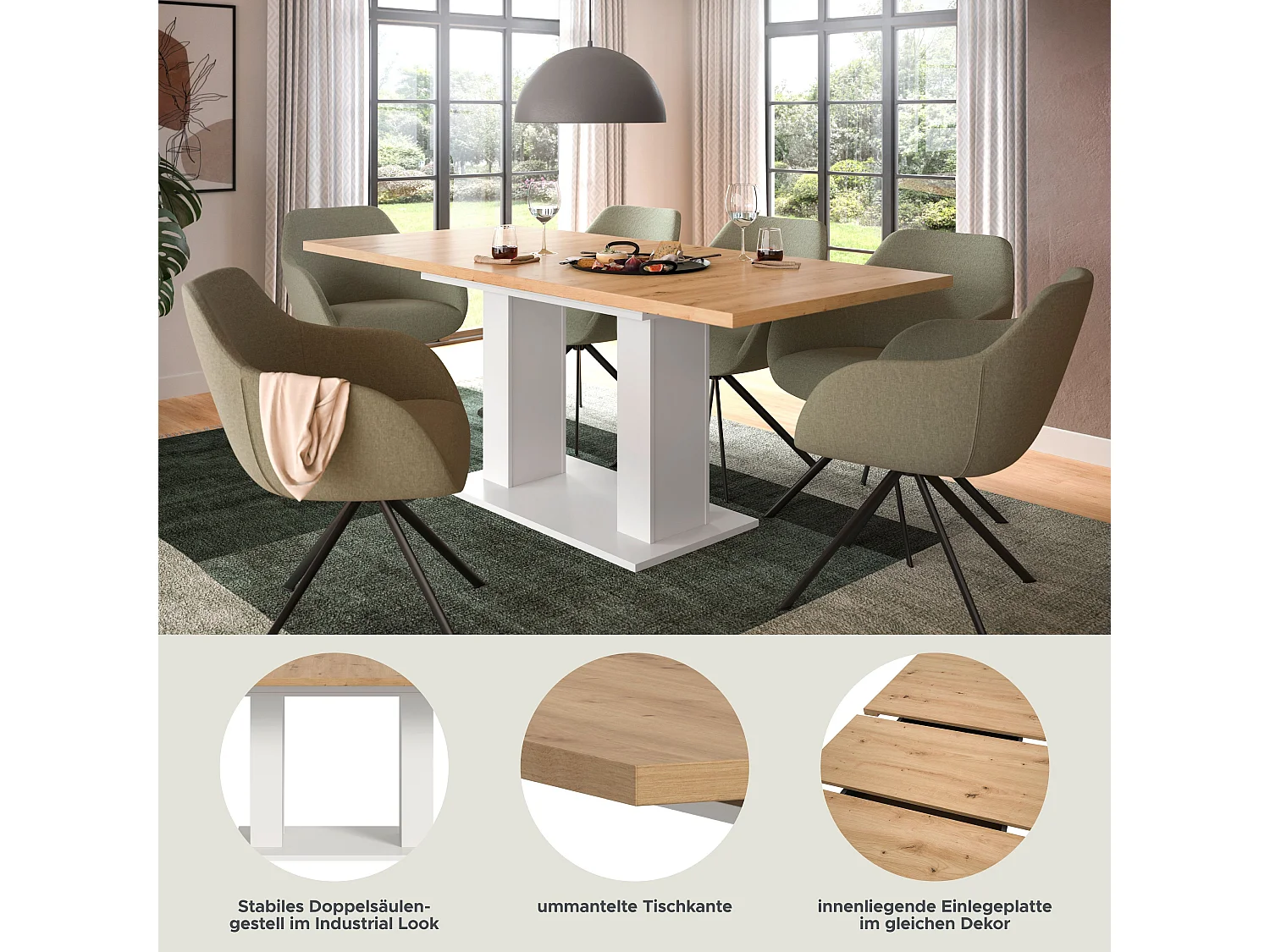 Table de salle à manger MOTION  (lxhxp : env. 150x76x90 cm) avec plateau  aspect chêne / pied en U blanc