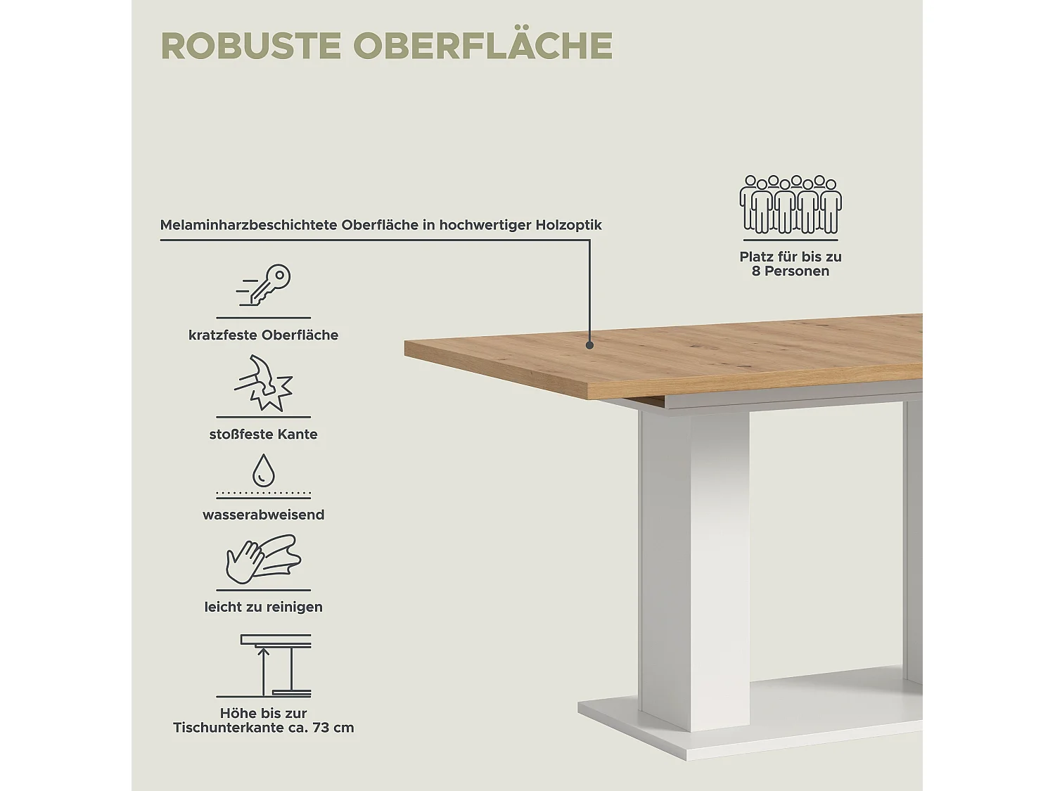 Table de salle à manger MOTION  (lxhxp : env. 150x76x90 cm) avec plateau  aspect chêne / pied en U blanc