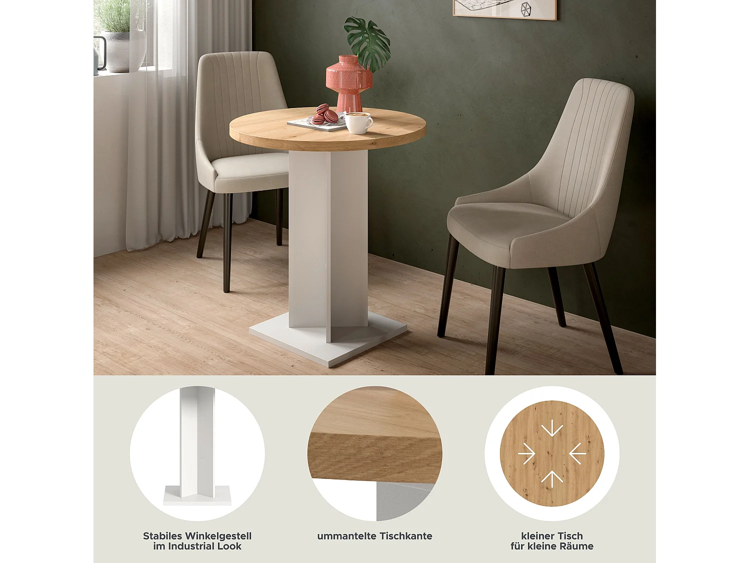 Table de salle à manger GUSTAV  (lxhxp : env. 70x76x70 cm)avec plateau chêne artisan/pied blanc