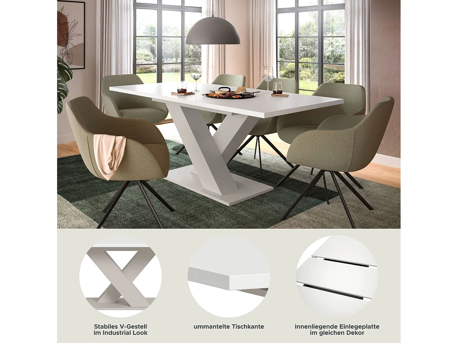 Table de salle à manger MOTION (lxhxp : env. 150x76x90 cm) avec plateau blanc / pied en X cachemire