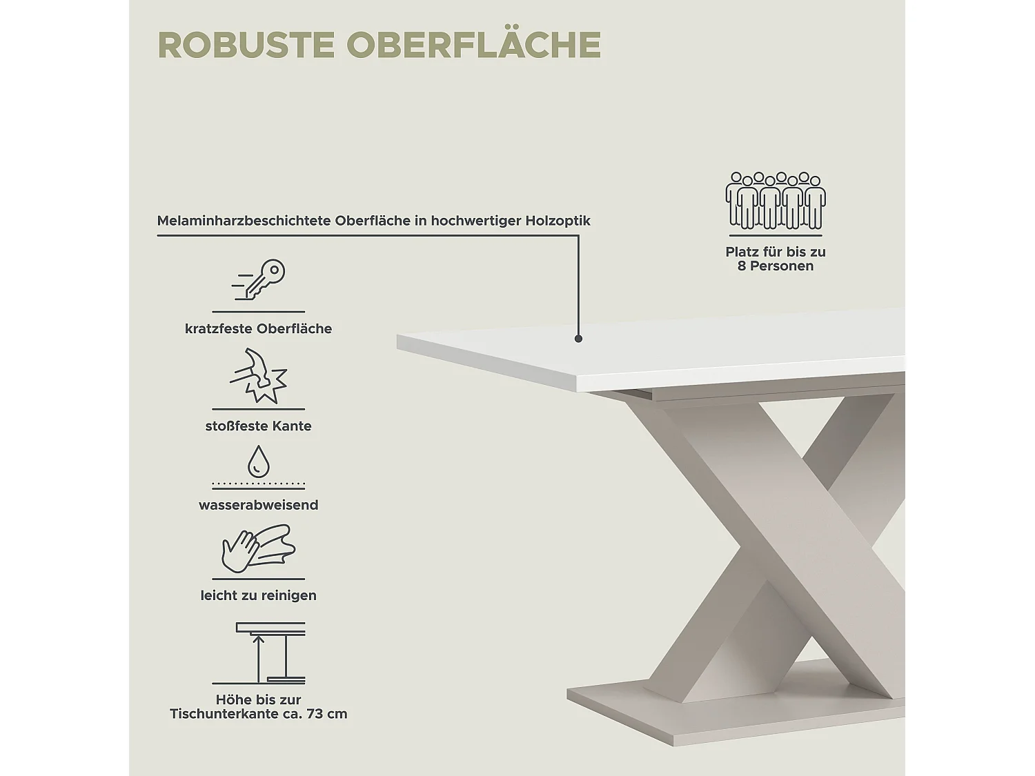 Table de salle à manger MOTION (lxhxp : env. 150x76x90 cm) avec plateau blanc / pied en X cachemire