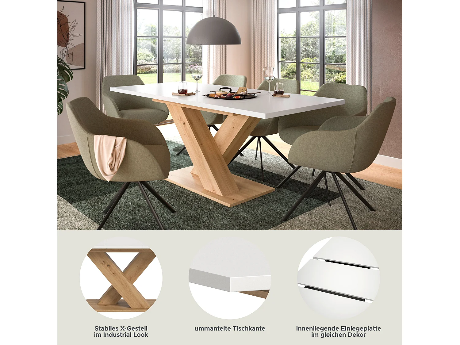 Table de salle à manger MOTION  (lxhxp : env. 150x76x90 cm) avec plateau blanc/ pied en X chêne artisan