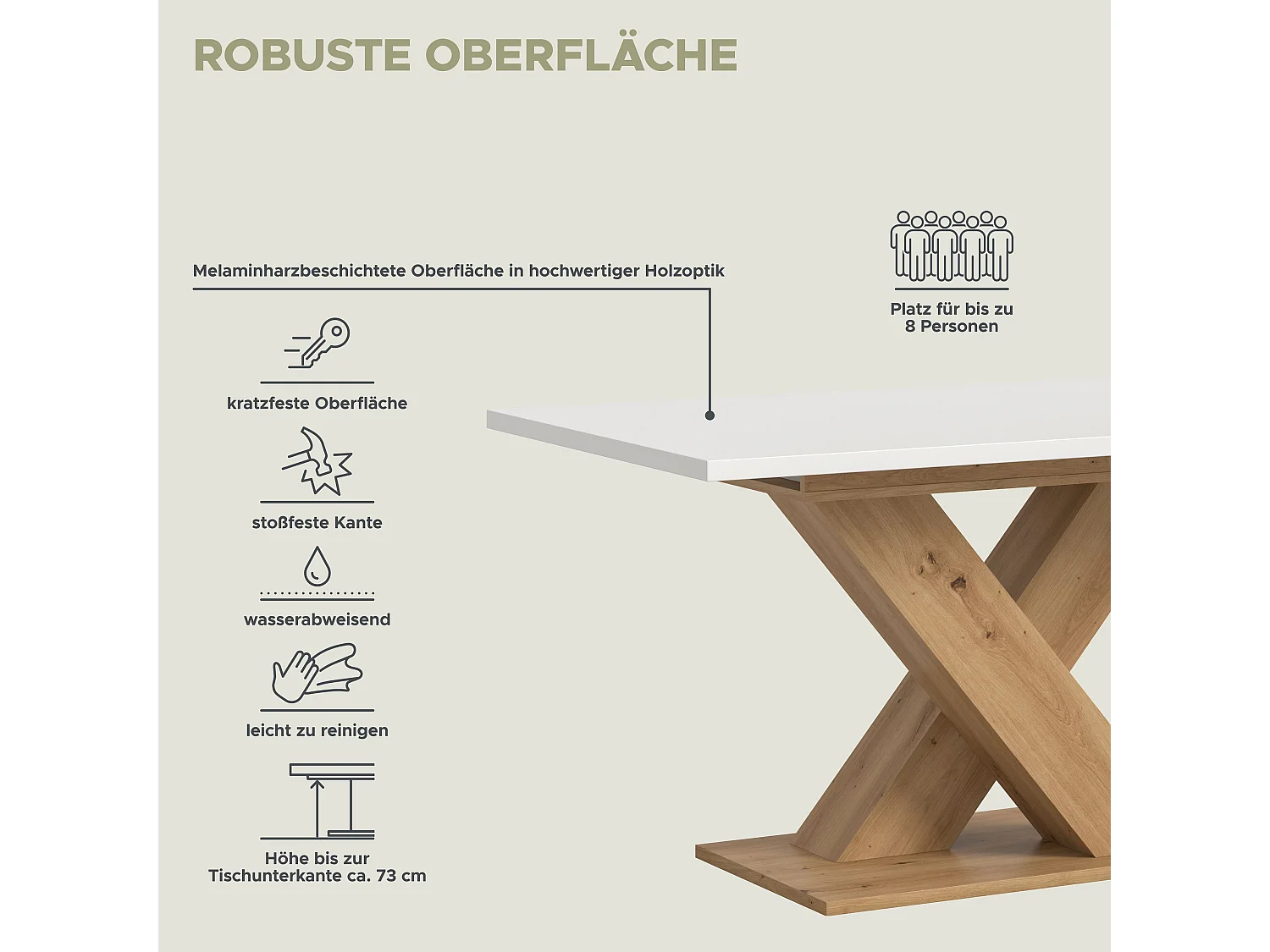 Table de salle à manger MOTION  (lxhxp : env. 150x76x90 cm) avec plateau blanc/ pied en X chêne artisan