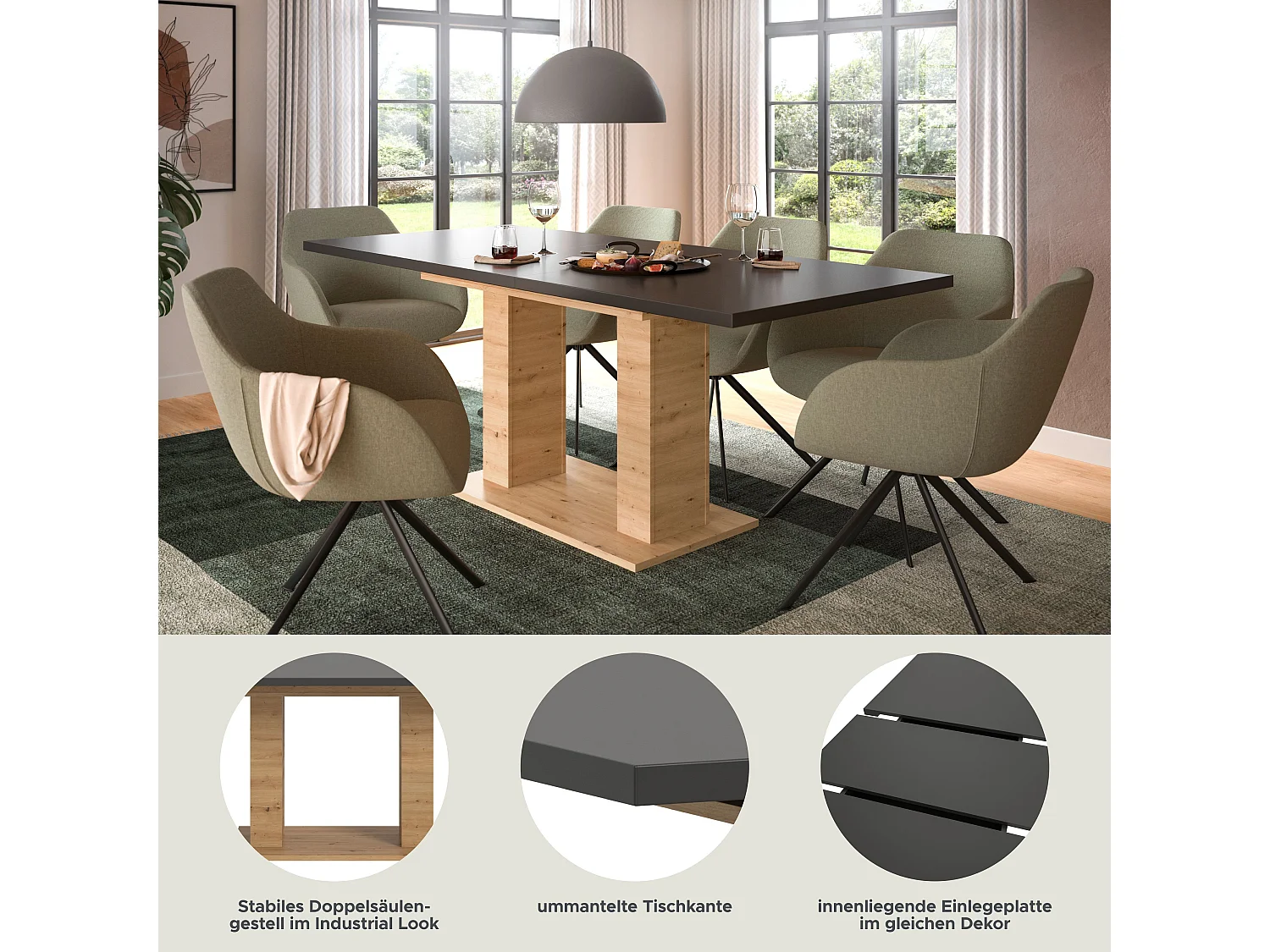 Table de salle à manger  MOTION (lxhxp : env. 150x76x90 cm) avec plateau gris /pied en U aspect chêne
