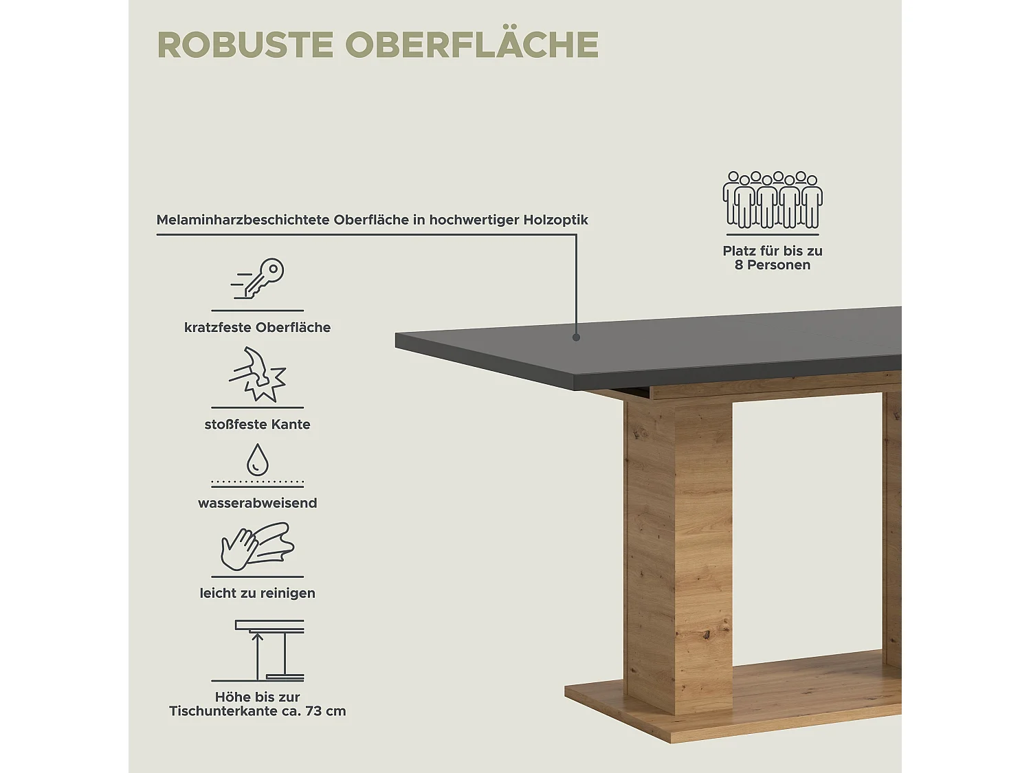 Table de salle à manger  MOTION (lxhxp : env. 150x76x90 cm) avec plateau gris /pied en U aspect chêne