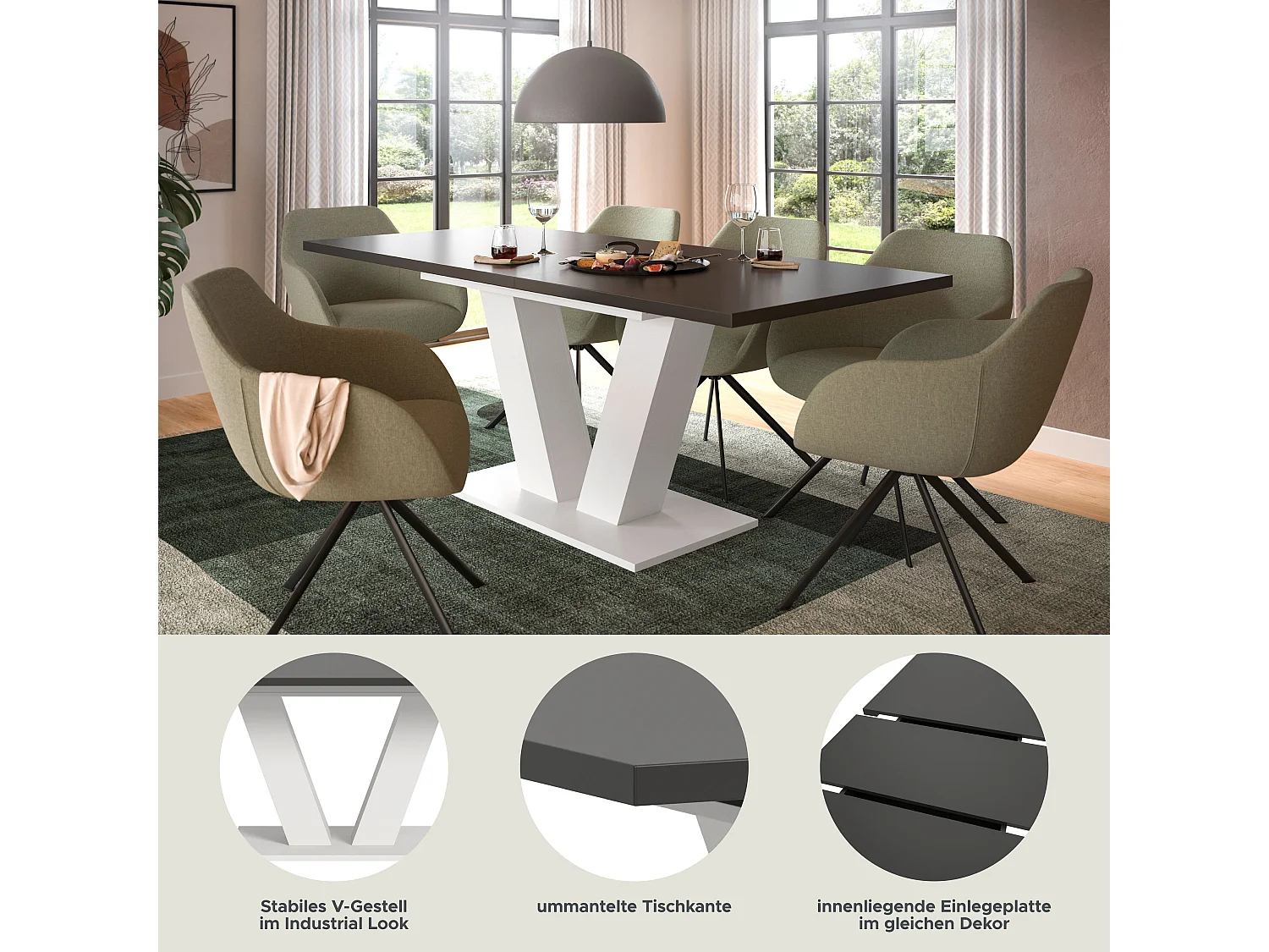 Table de salle à manger MOTION (lxhxp : env. 150x76x90 cm) avec plateau gris/ pied en V blanc