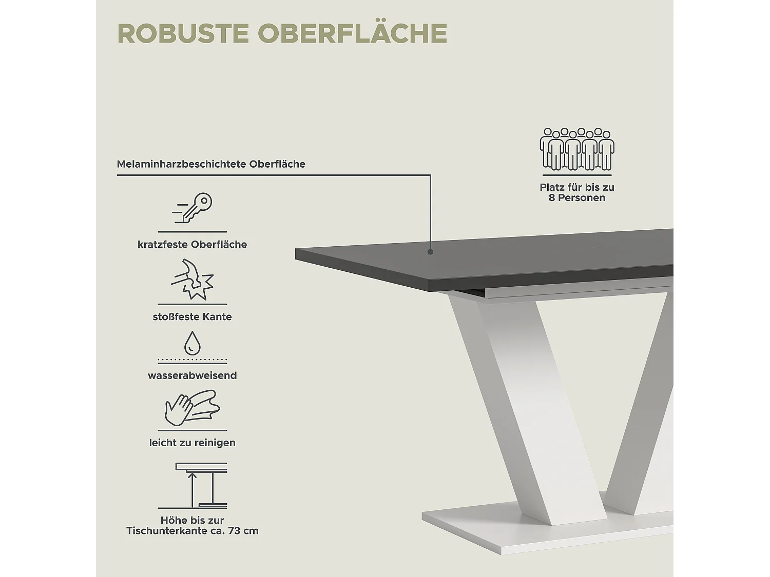 Table de salle à manger MOTION (lxhxp : env. 150x76x90 cm) avec plateau gris/ pied en V blanc