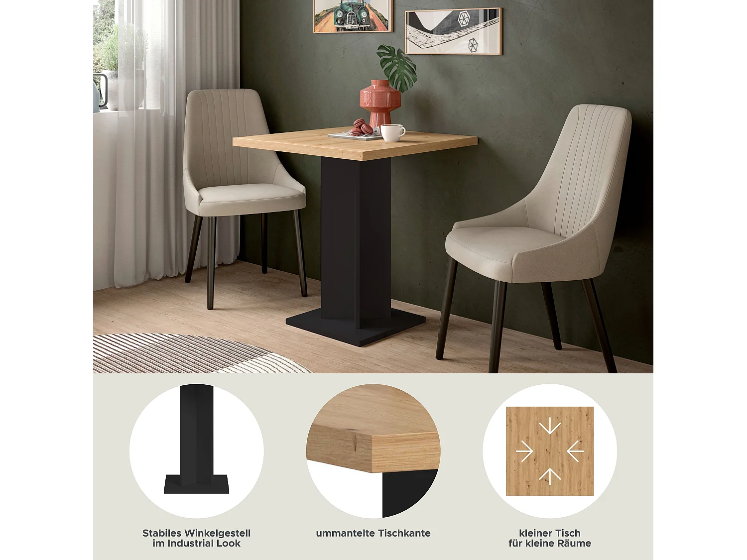 Table de salle à manger GUSTAV (lxhxp : env. 70x76x70 cm ) avec plateau  chêne artisan /pied noir