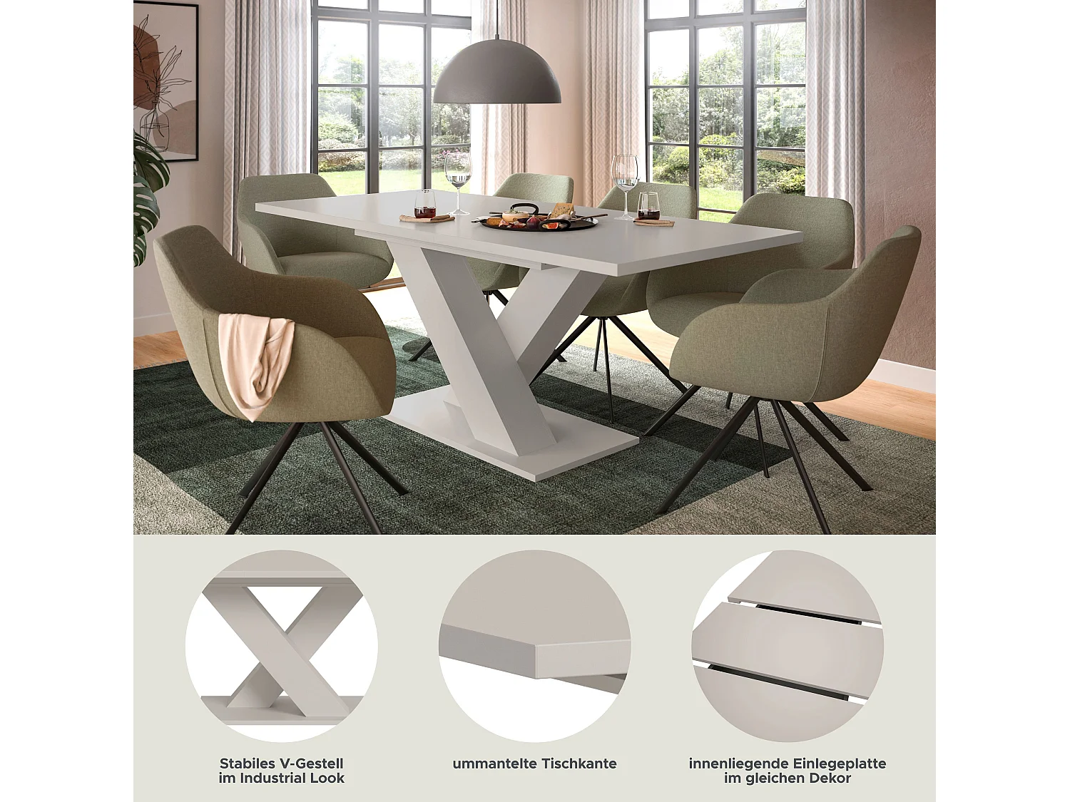 Table de salle à manger MOTION  (lxhxp : env. 150x76x90 cm) avec plateau / pied en X cachemire