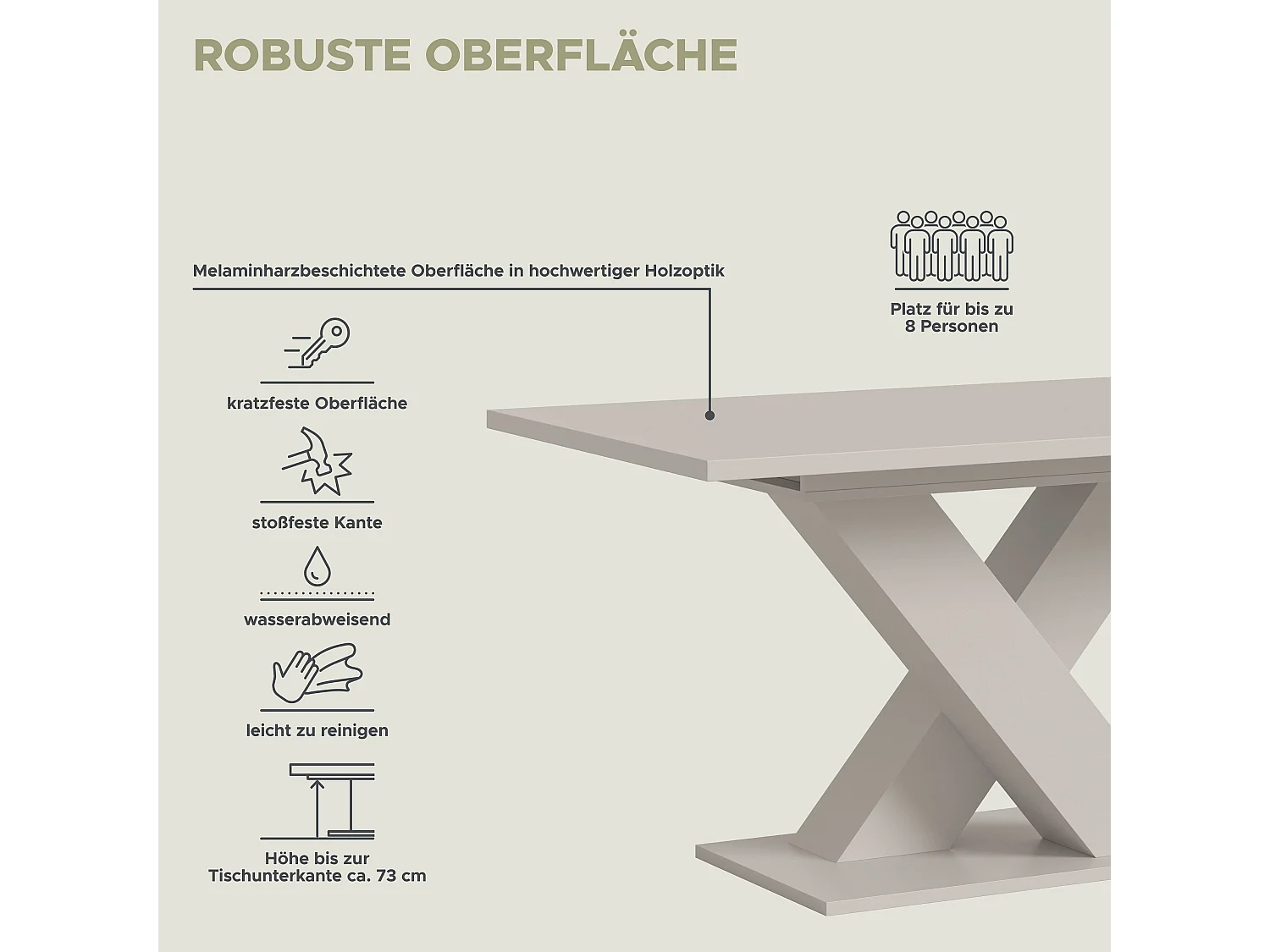 Table de salle à manger MOTION  (lxhxp : env. 150x76x90 cm) avec plateau / pied en X cachemire