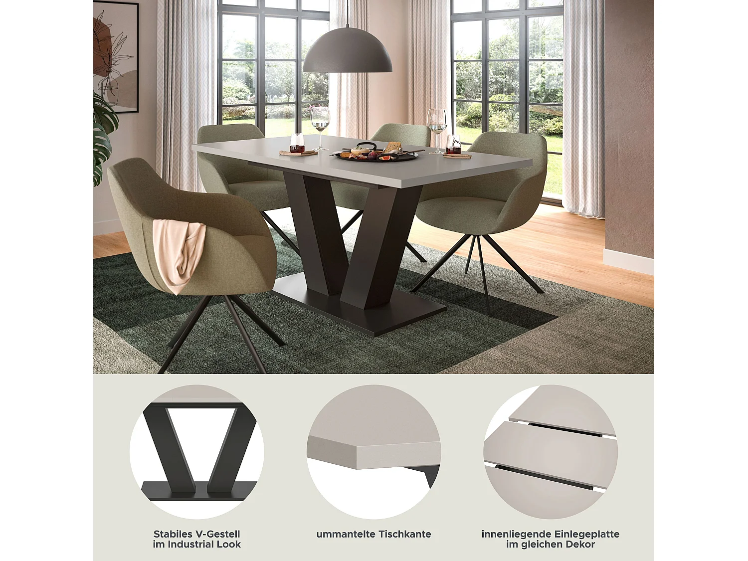 Table de salle à manger MOTION  (lxhxp : env. 150x76x90 cm) avec plateau cachemire /pied en V gris