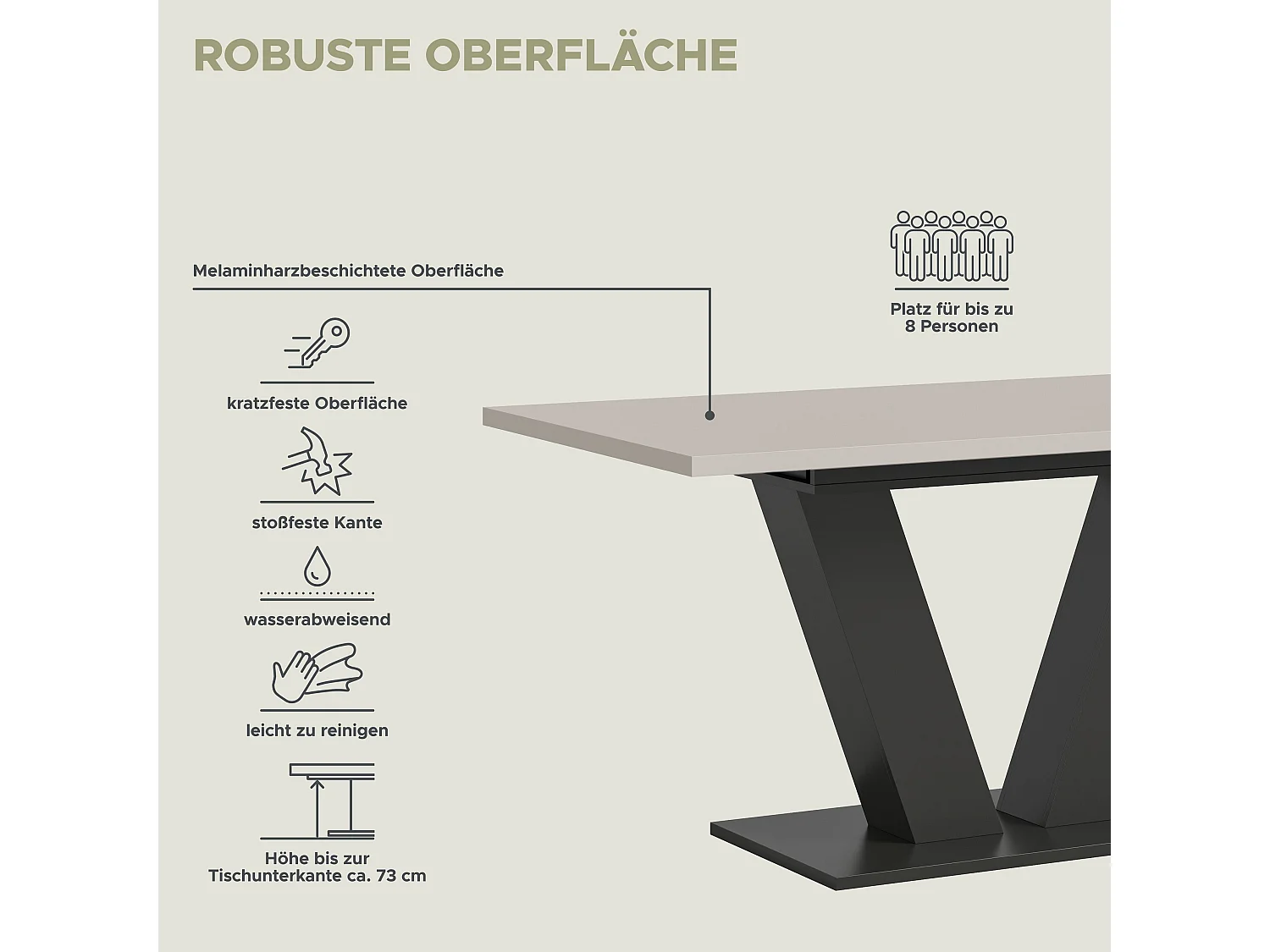 Table de salle à manger MOTION  (lxhxp : env. 150x76x90 cm) avec plateau cachemire /pied en V gris