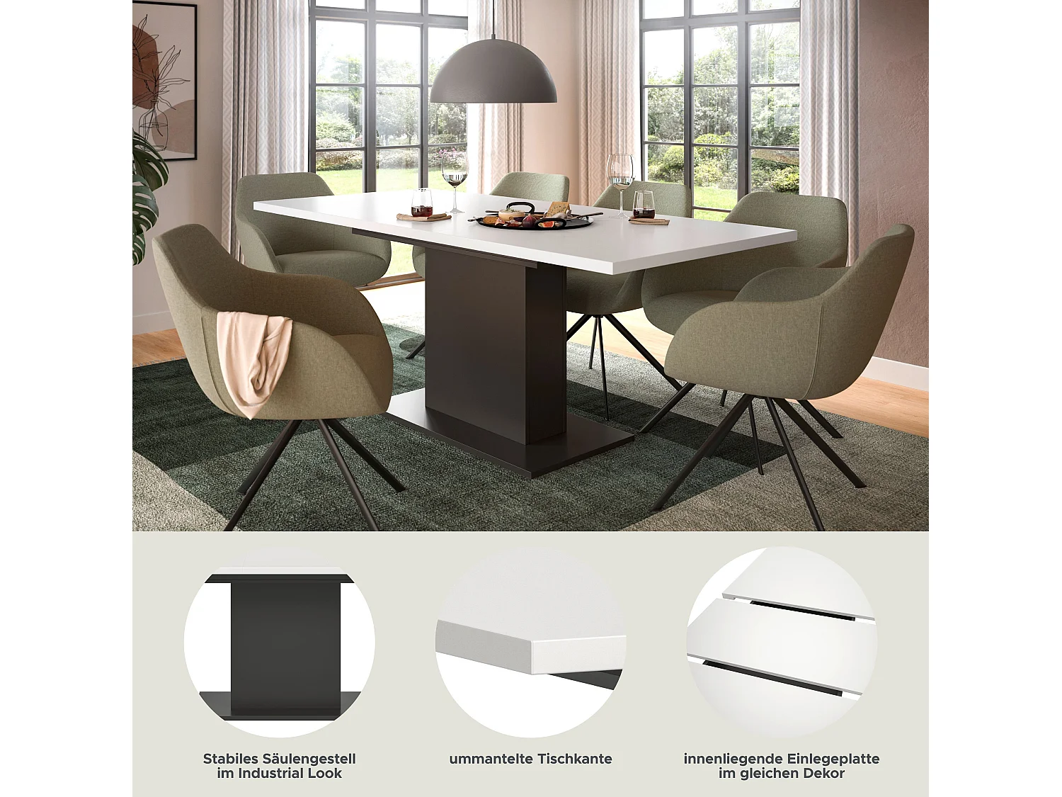 Table de salle à manger MOTION (lxhxp : env. 150x76x90 cm) avec plateau blanc/pied central  gris