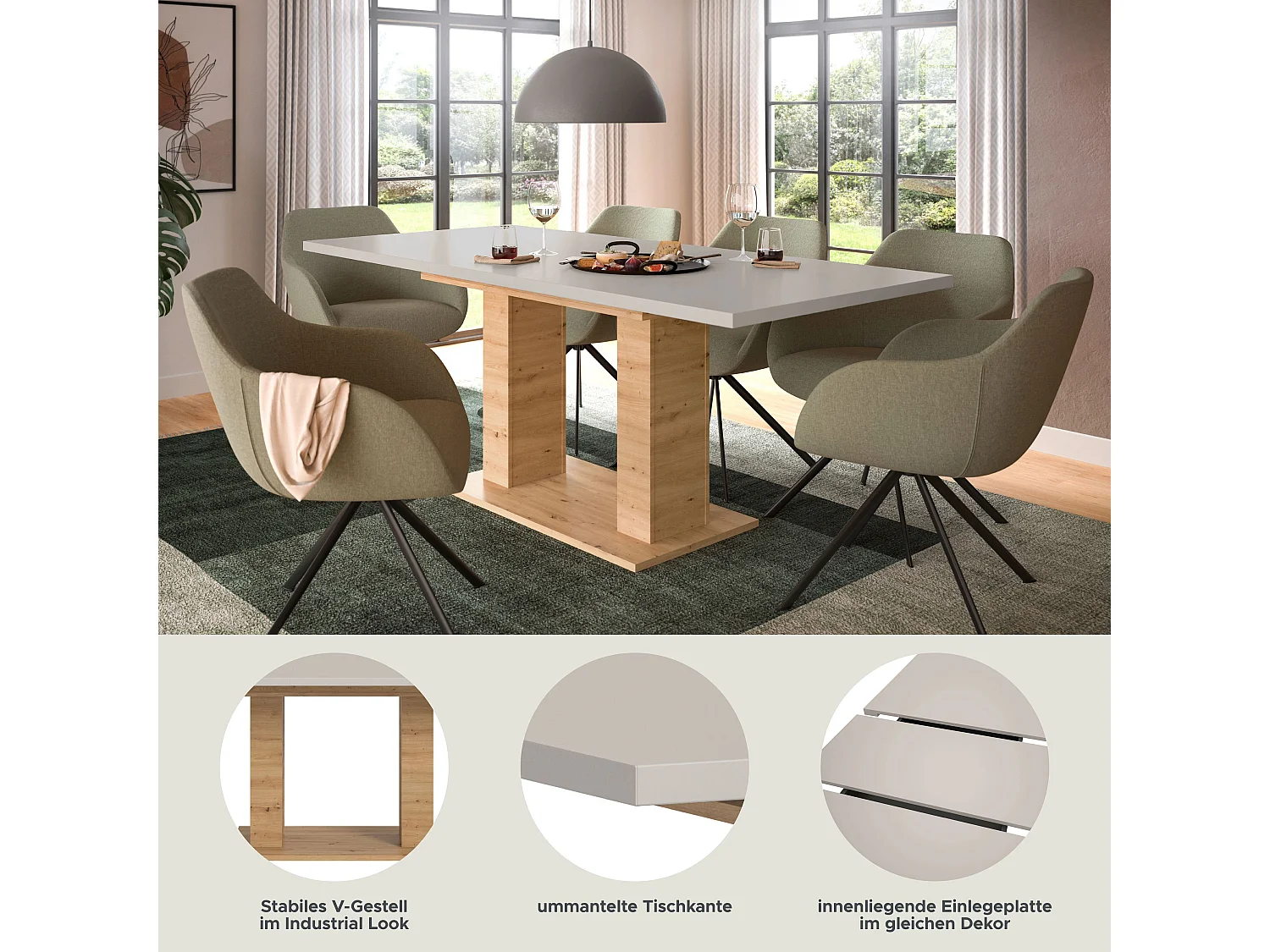 Table de salle à manger MOTION  (lxhxp : env. 150x76x90 cm) avec plateau cachemire /pied en U chêne artisan