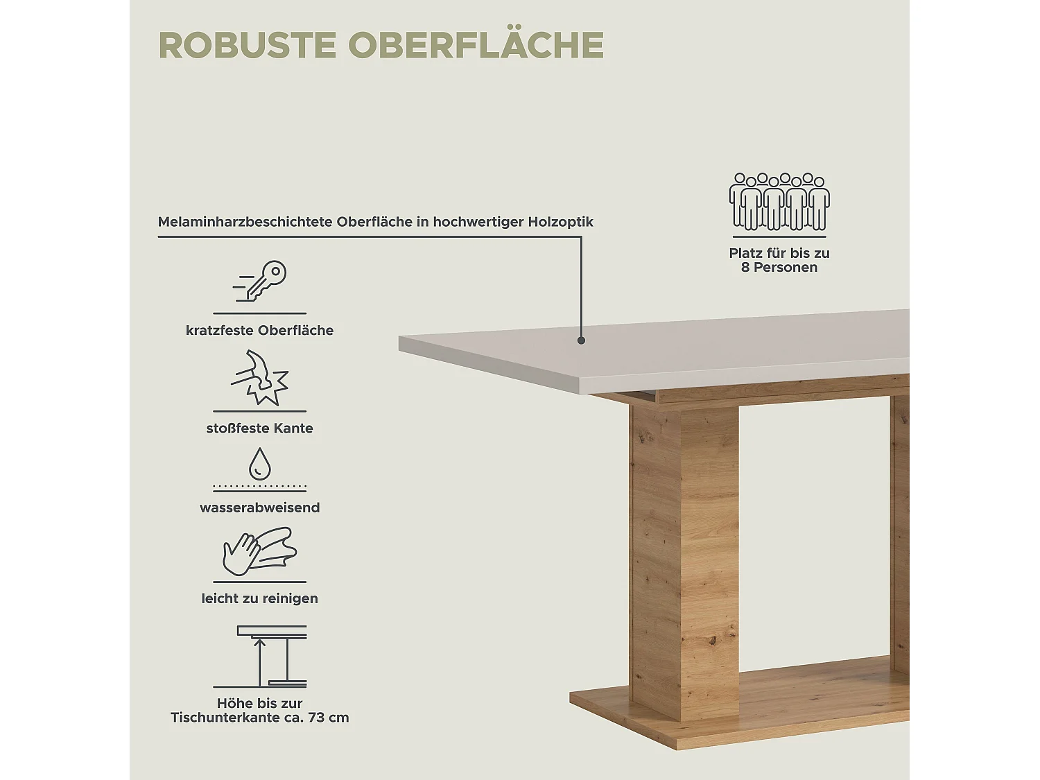 Table de salle à manger MOTION  (lxhxp : env. 150x76x90 cm) avec plateau cachemire /pied en U chêne artisan
