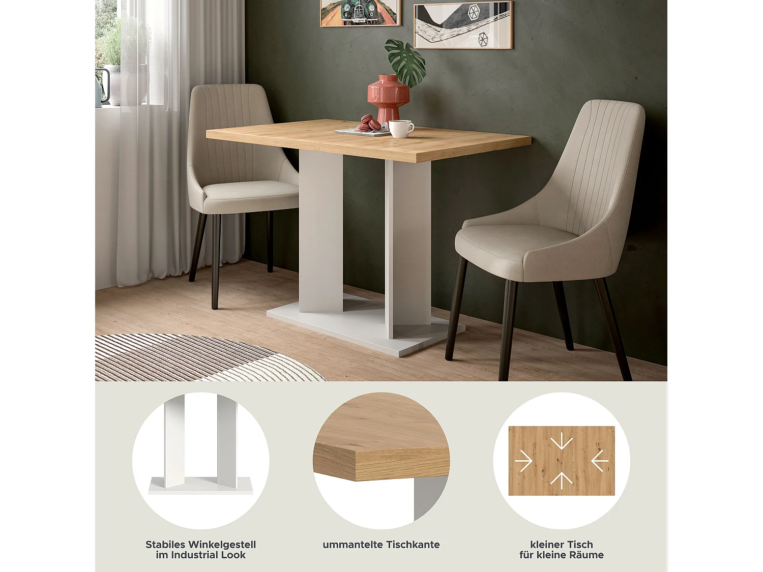 Table de salle à manger GUSTAV  (lxhxp : env. 110x76x70 cm) avec plateau chêne artisan /pied  blanc