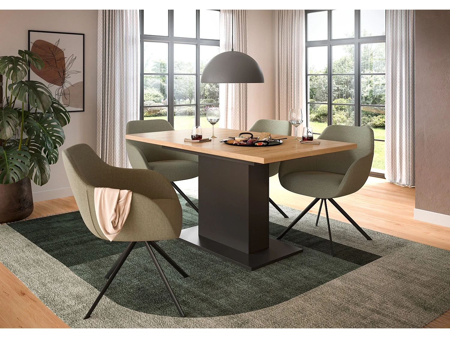 Table de salle à manger MOTION (lxhxp : env. 150x76x90 cm) avec plateau aspect chêne / pied central gris