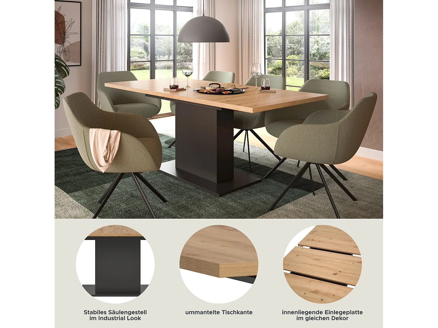 Table de salle à manger MOTION (lxhxp : env. 150x76x90 cm) avec plateau aspect chêne / pied central gris