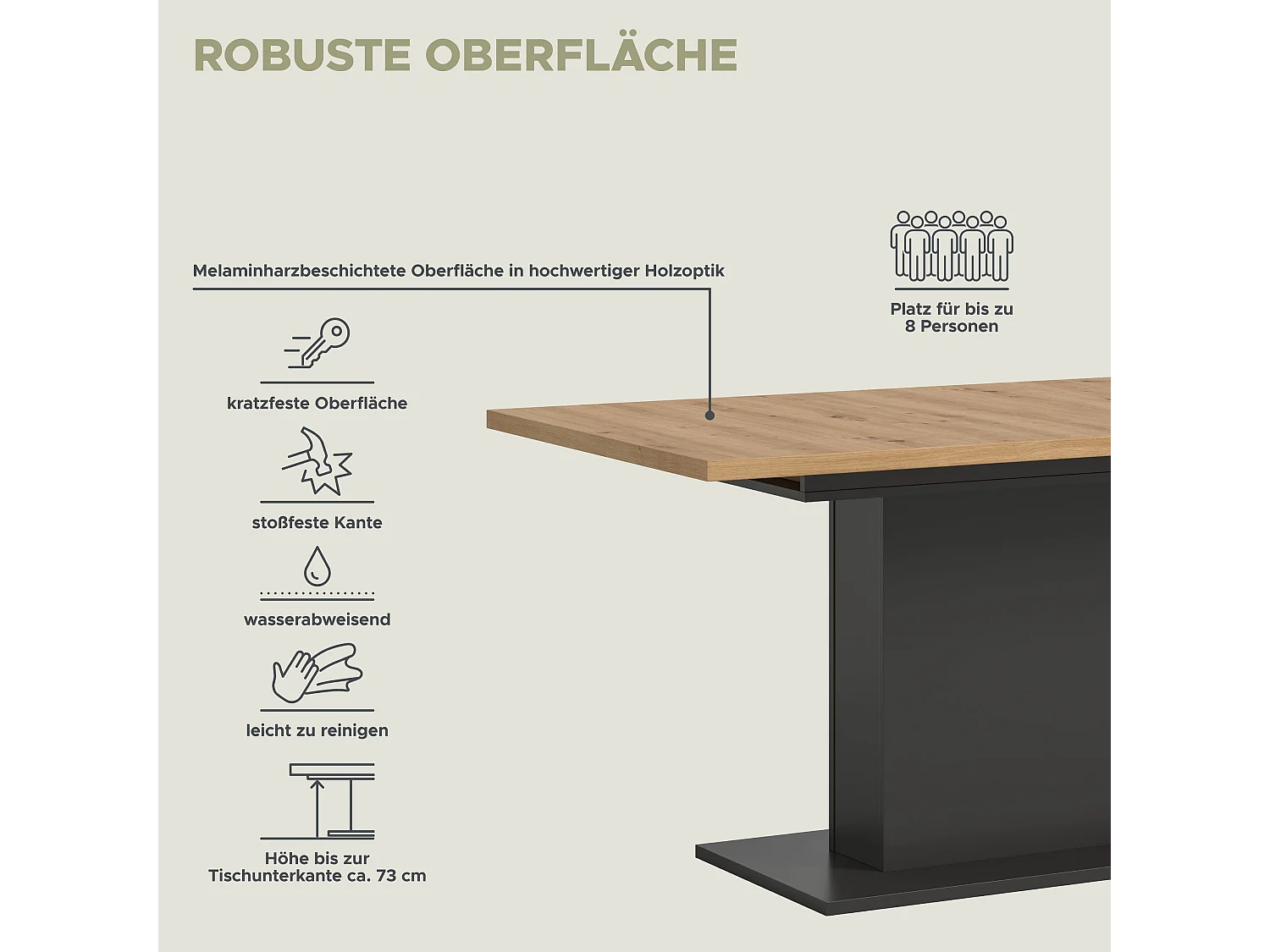 Table de salle à manger MOTION (lxhxp : env. 150x76x90 cm) avec plateau aspect chêne / pied central gris