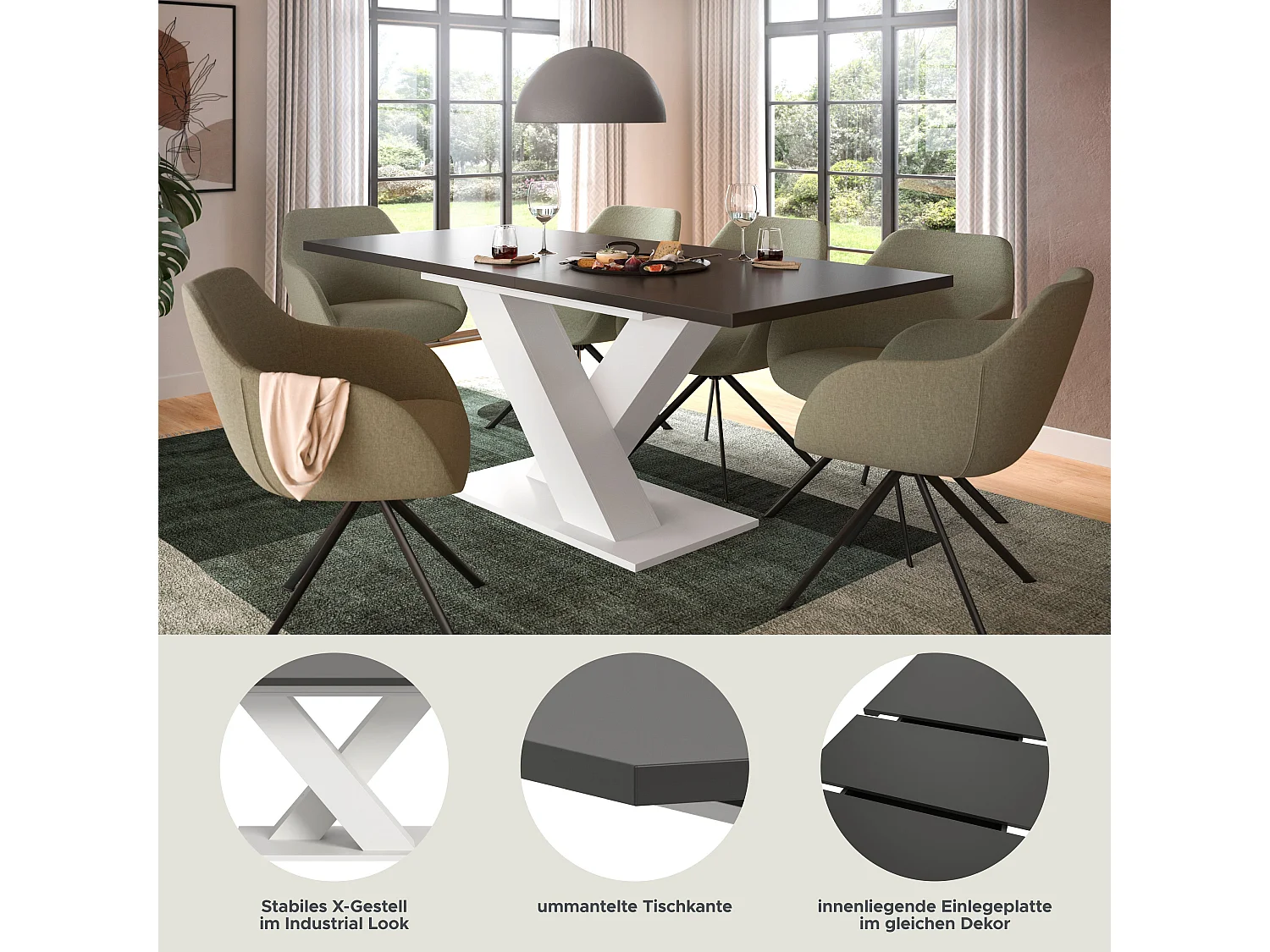 Table de salle à manger MOTION (lxhxp : env. 150x76x90 cm) avec plateau gris/pied en X blanc