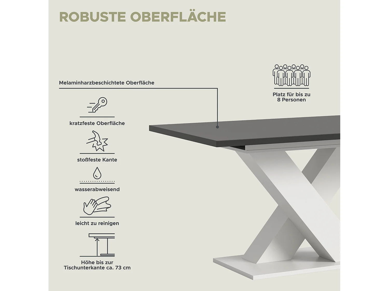 Table de salle à manger MOTION (lxhxp : env. 150x76x90 cm) avec plateau gris/pied en X blanc